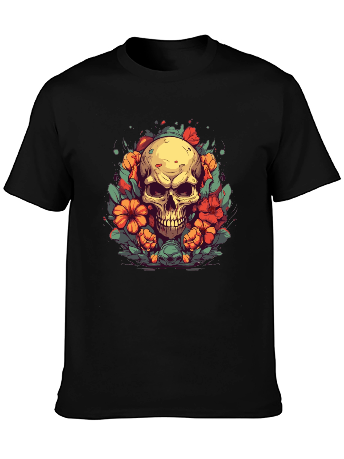 Skull & Flowers Graphic Tee - Black T-Shirt