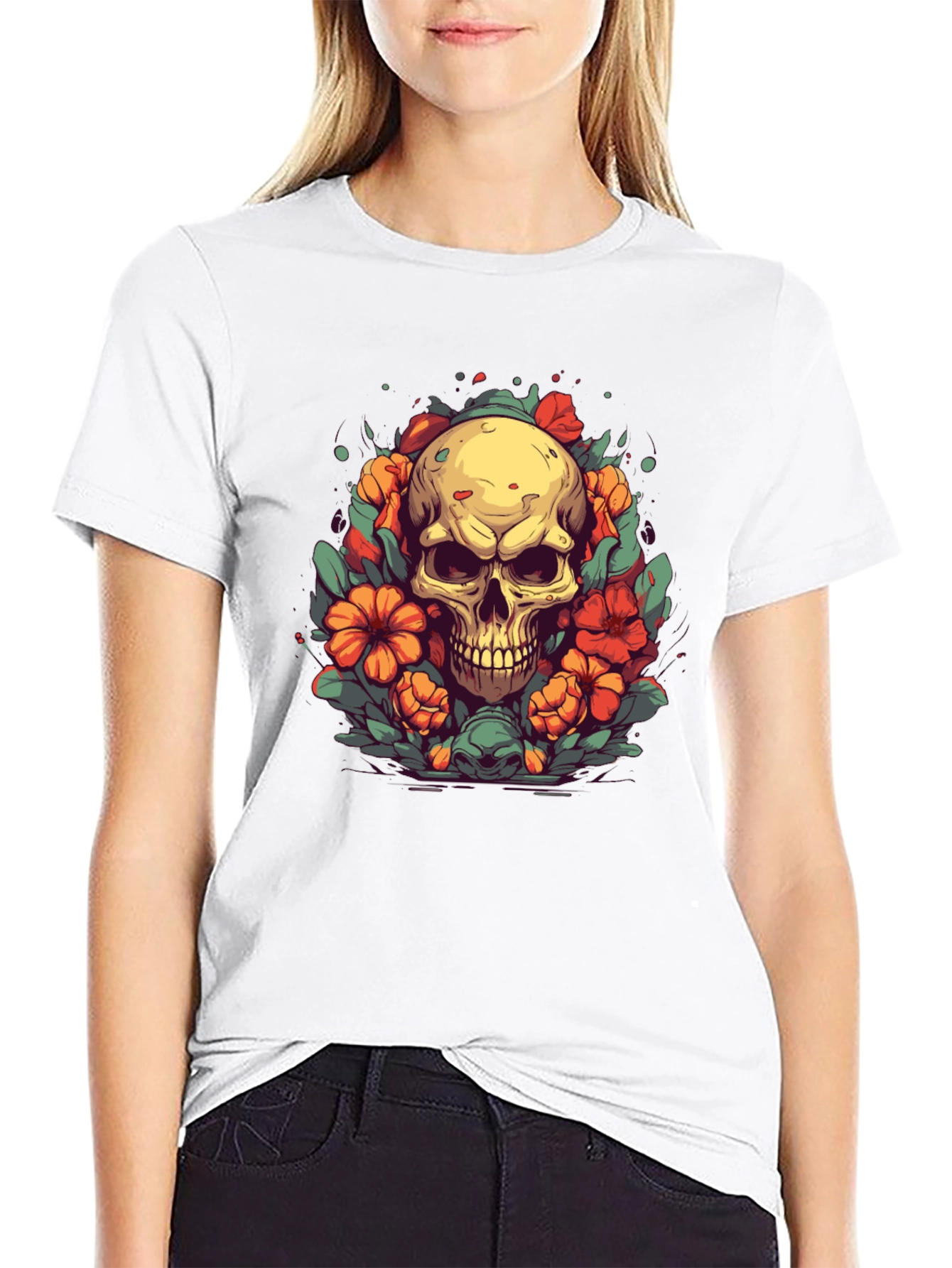 Skull & Flowers Graphic Tee - Black T-Shirt