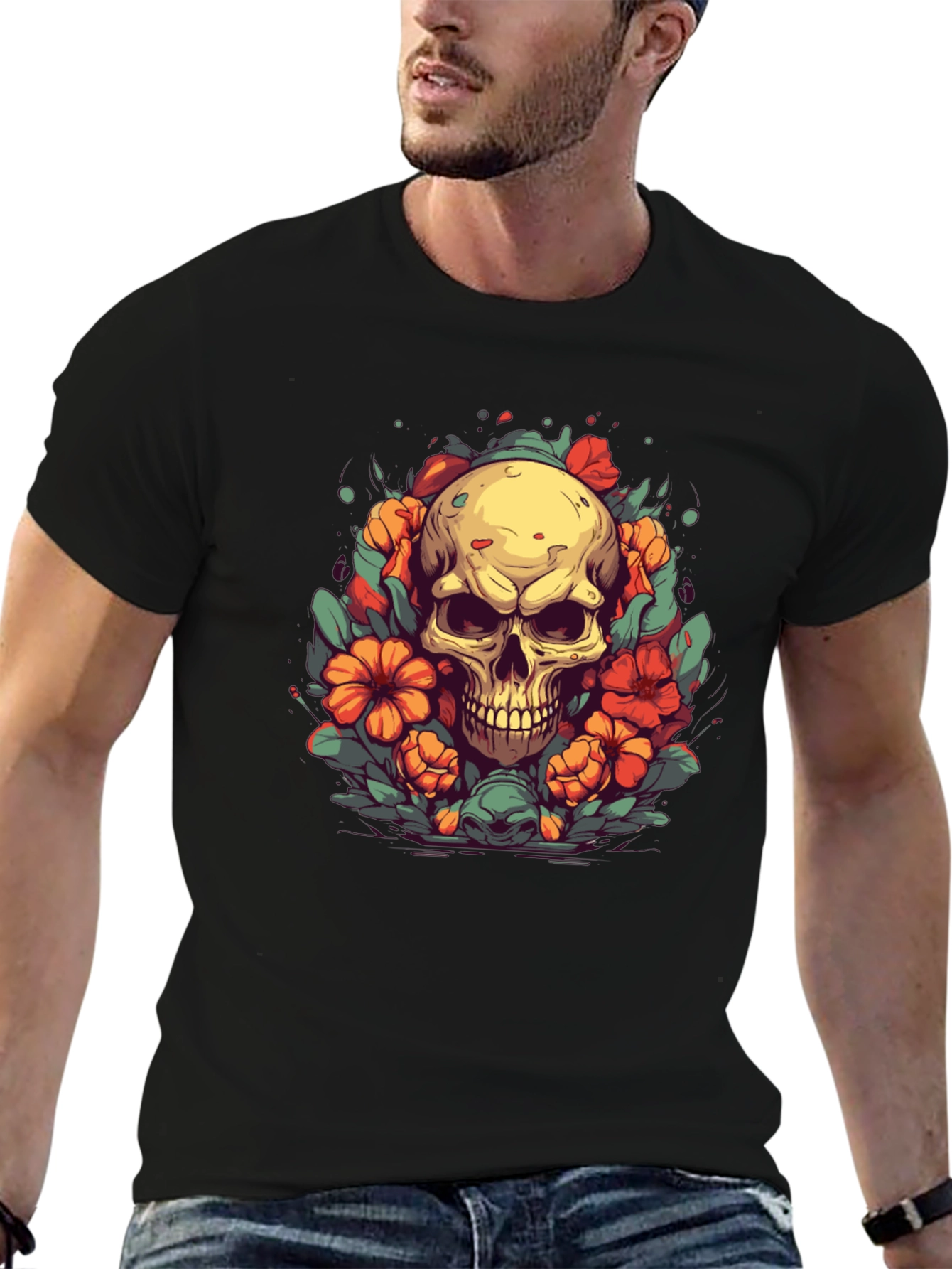 Skull & Flowers Graphic Tee - Black T-Shirt