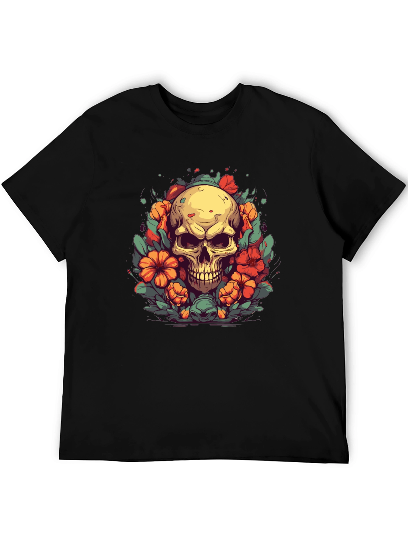 Skull & Flowers Graphic Tee - Black T-Shirt