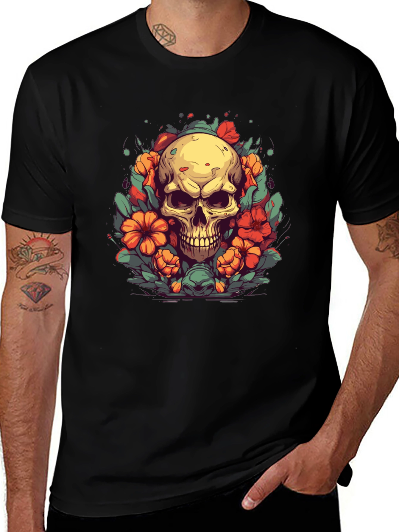 Skull & Flowers Graphic Tee - Black T-Shirt