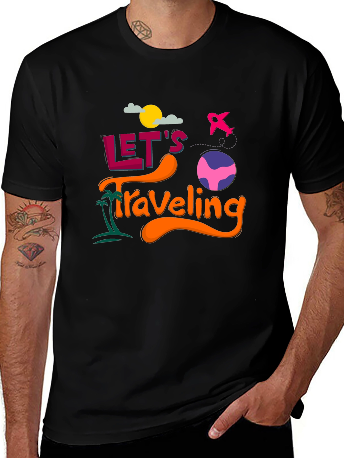 Lets Traveling Graphic T-Shirt | Black Crew Neck Tee