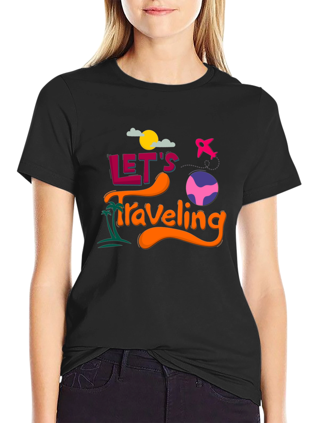 Lets Traveling Graphic T-Shirt | Black Crew Neck Tee