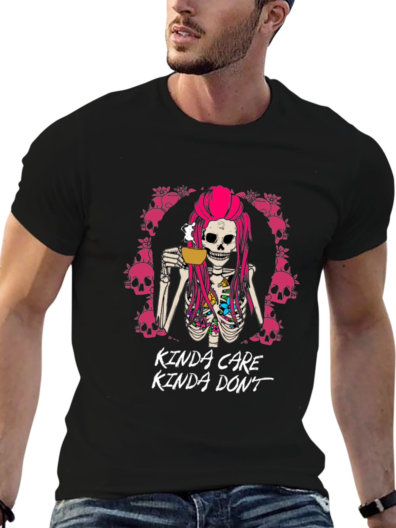 Kinda Care Kinda Dont Skeleton Coffee T-Shirt