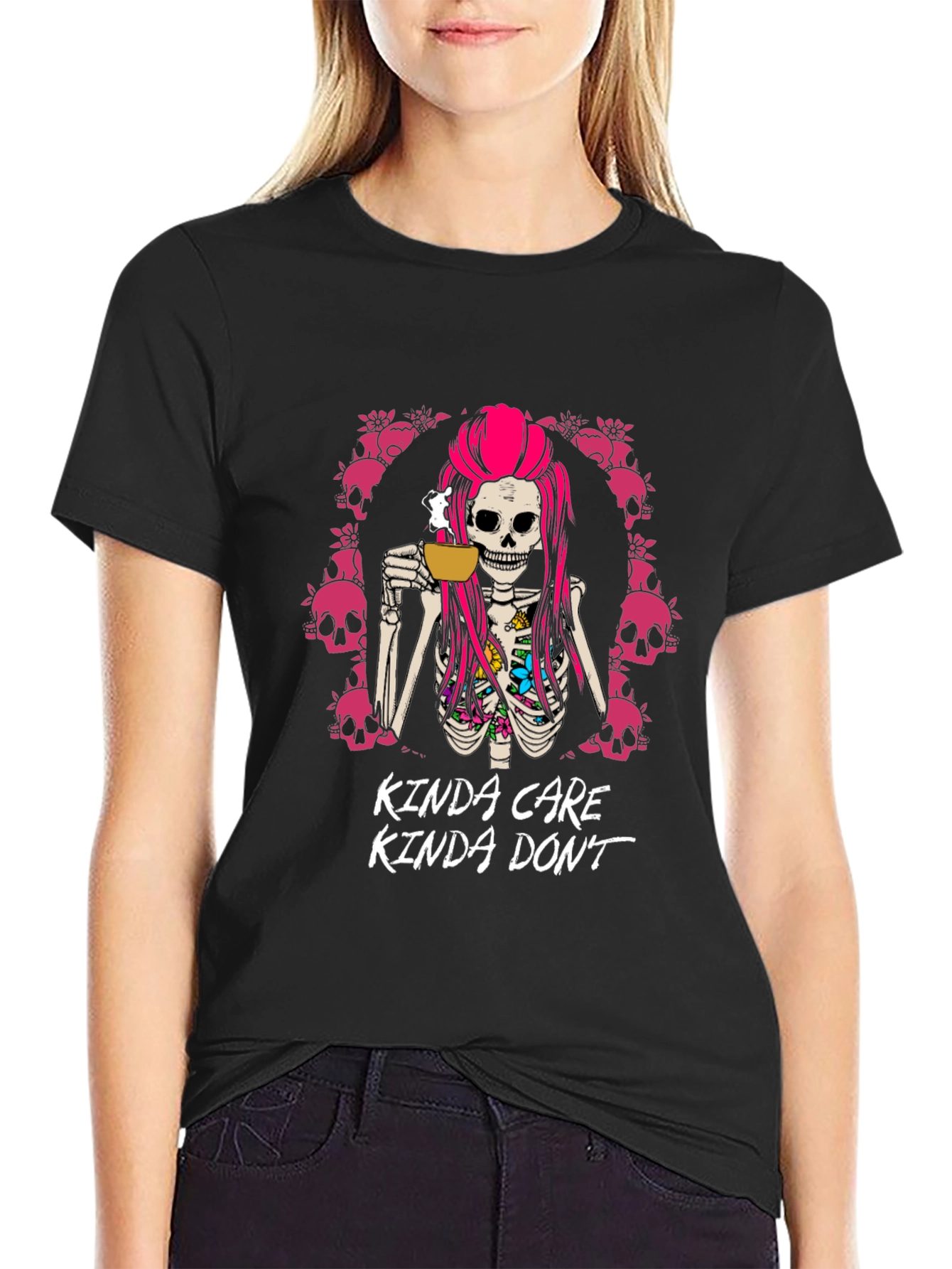 Kinda Care Kinda Dont Skeleton Coffee T-Shirt