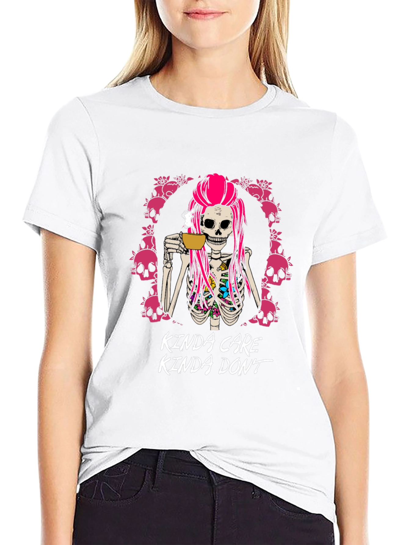 Kinda Care Kinda Dont Skeleton Coffee T-Shirt