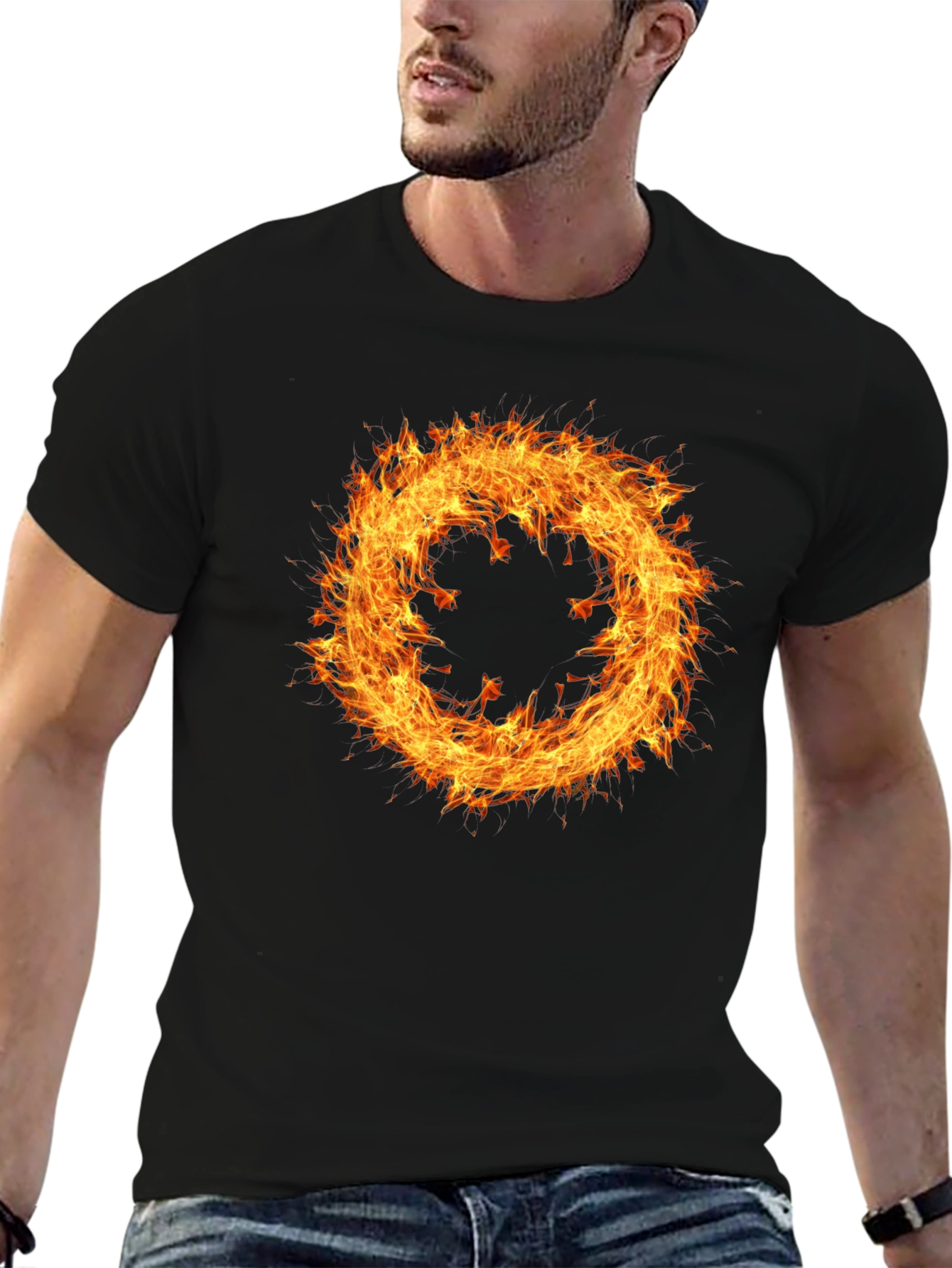 Fiery Ring Graphic Tee - Mens Black Cotton T-Shirt