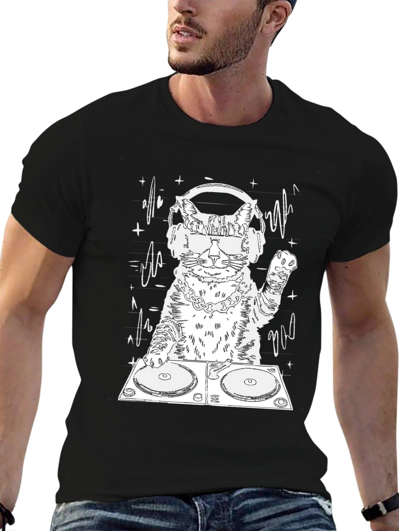 DJ Cat Graphic Tee - Cool Feline Musician T-Shirt