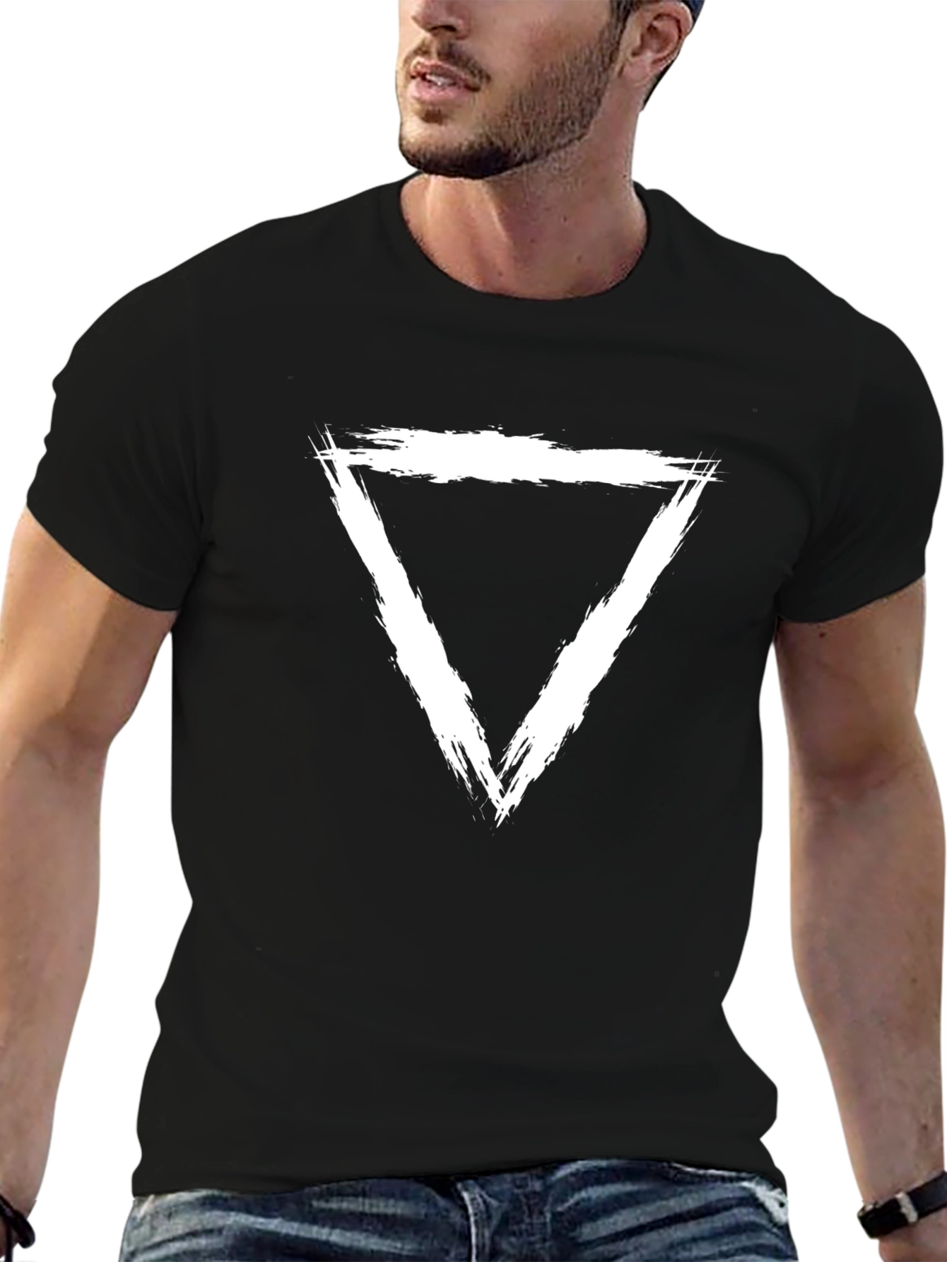 Mens Black T-Shirt with Distressed Triangle Graphic