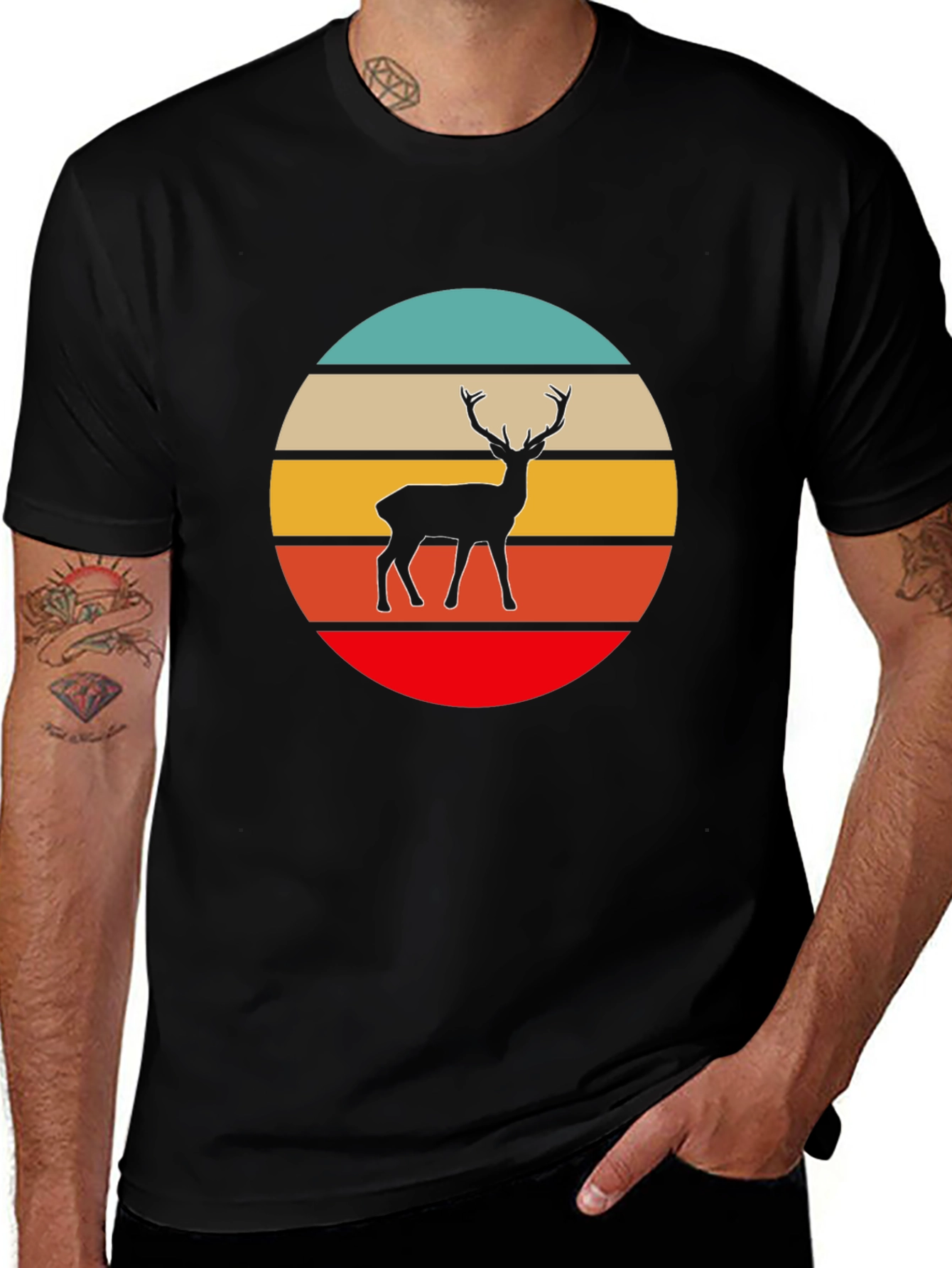 Retro Deer Graphic Tee - Black Cotton T-Shirt