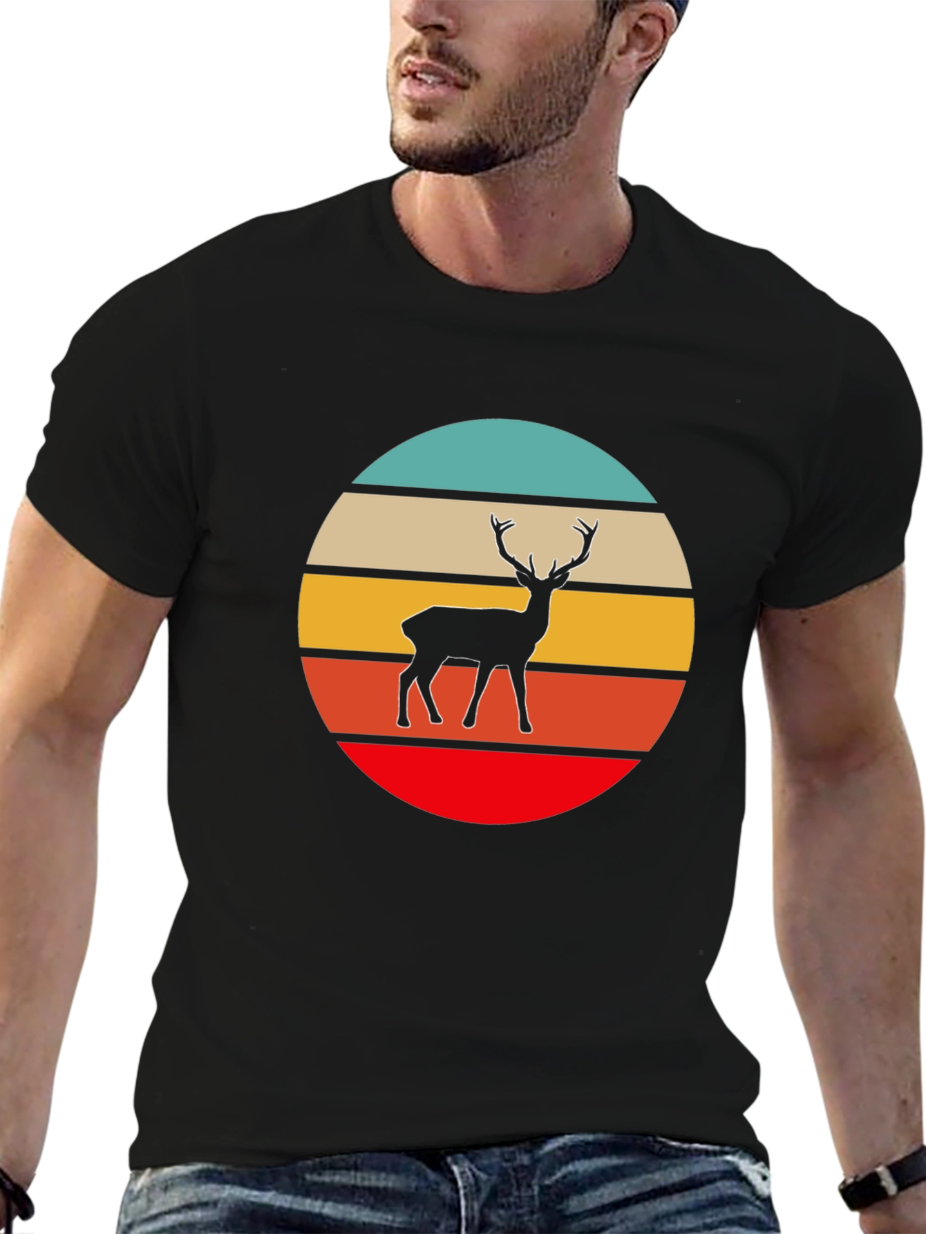 Retro Deer Graphic Tee - Black Cotton T-Shirt