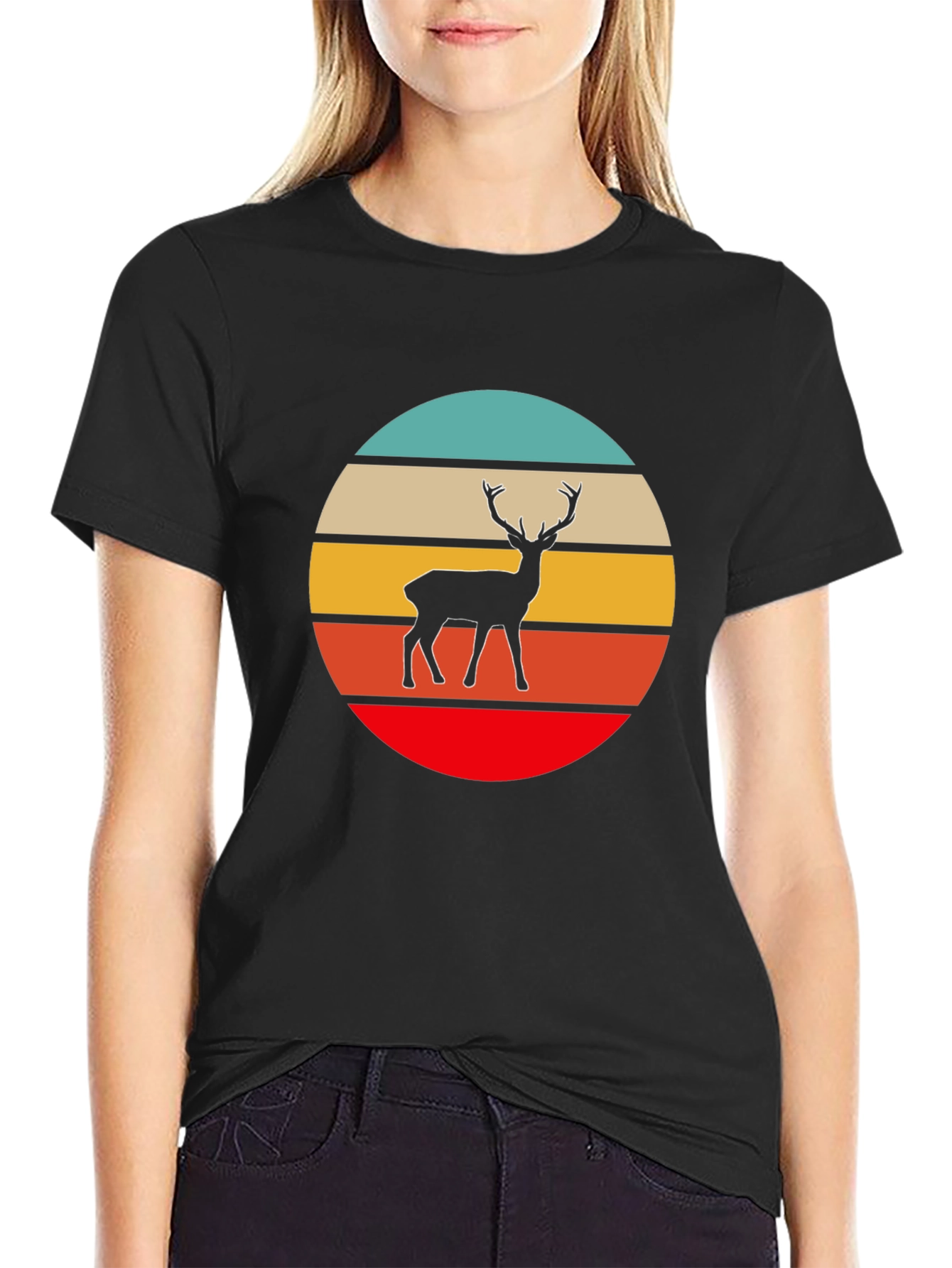 Retro Deer Graphic Tee - Black Cotton T-Shirt