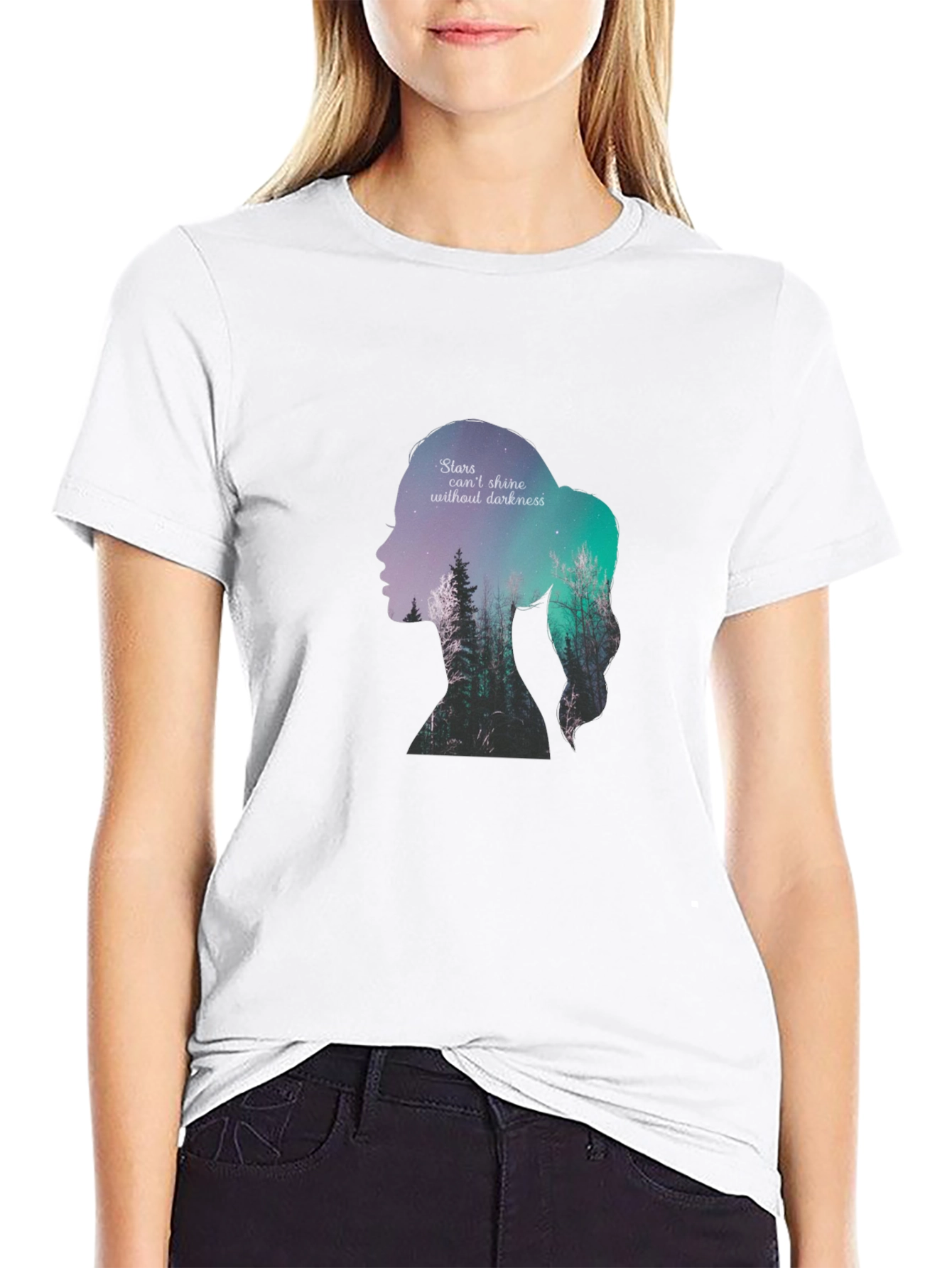 Stars & Darkness Woman Silhouette Graphic Tee - Black