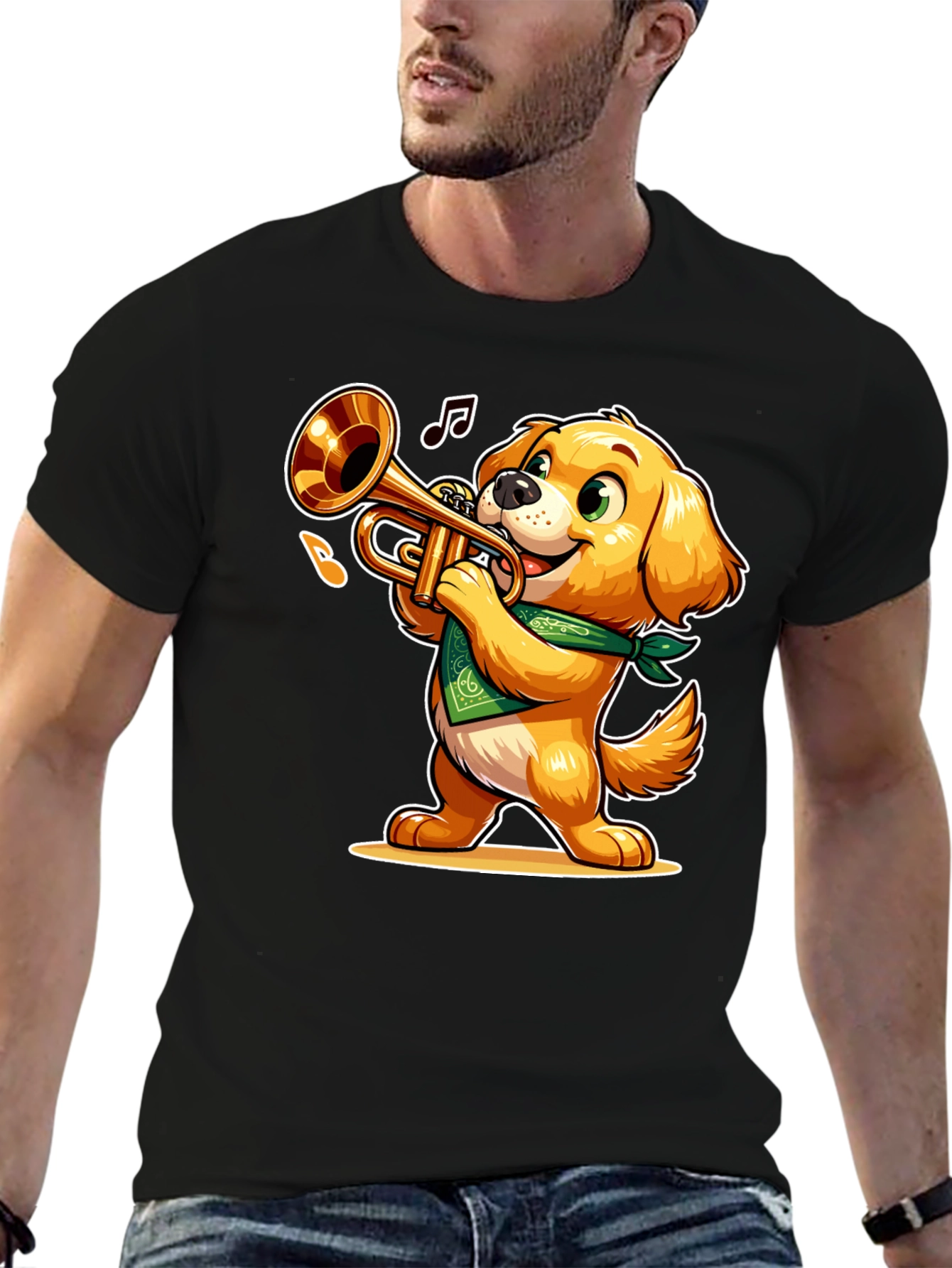 Dog Playing Trumpet T-Shirt - Fun Cartoon Design