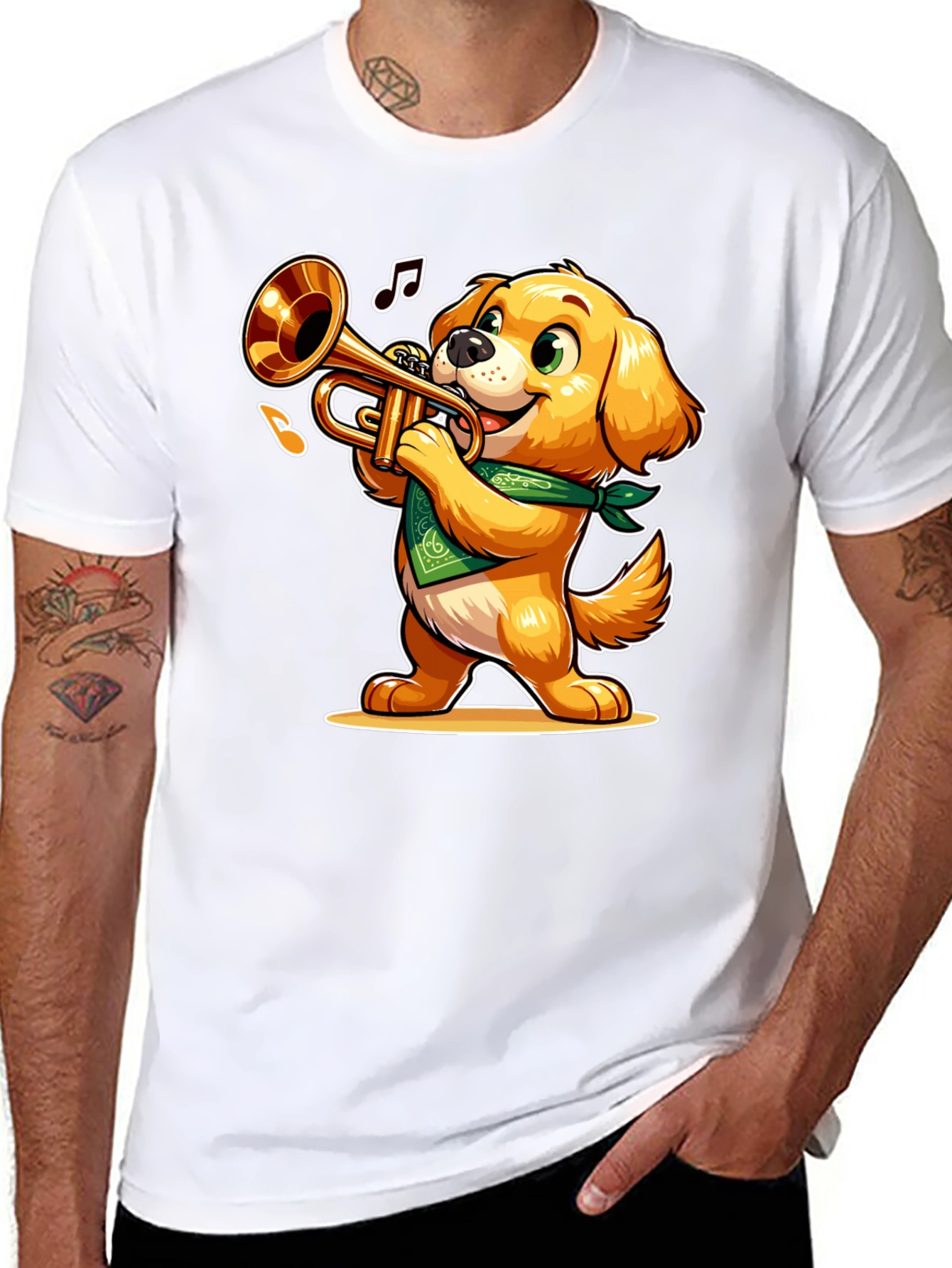Dog Playing Trumpet T-Shirt - Fun Cartoon Design