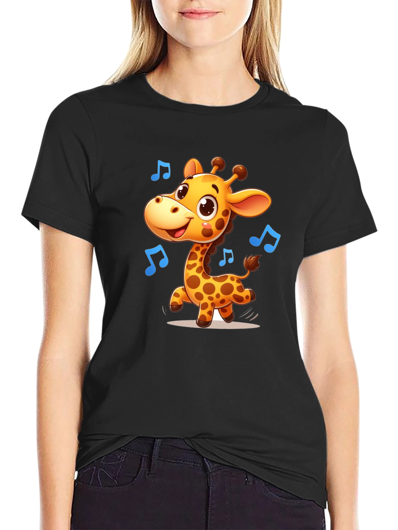 Cute Giraffe Music T-Shirt - Black