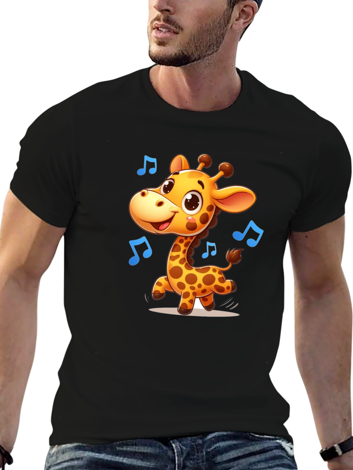 Cute Giraffe Music T-Shirt - Black