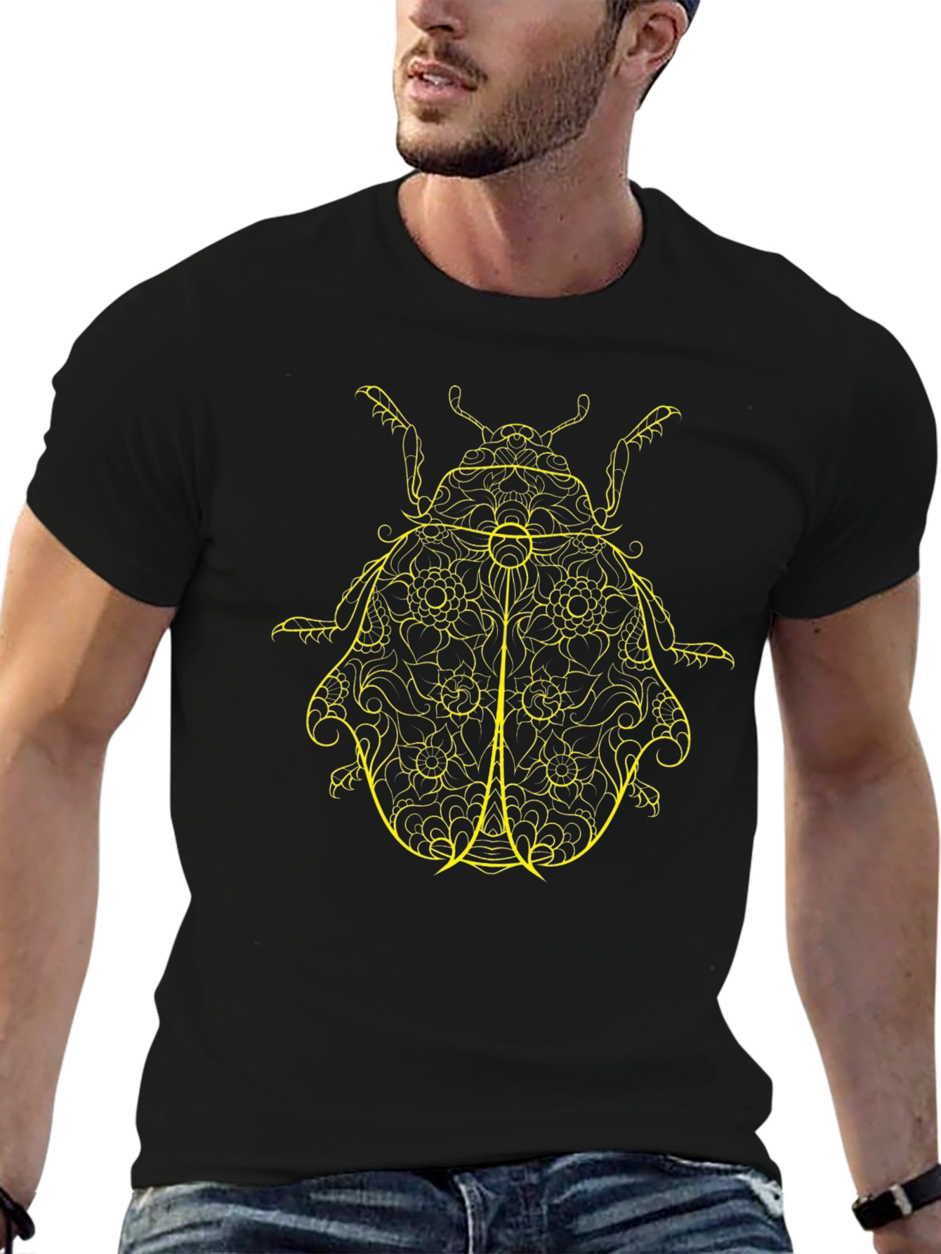 Black T-Shirt with Yellow Beetle Design
