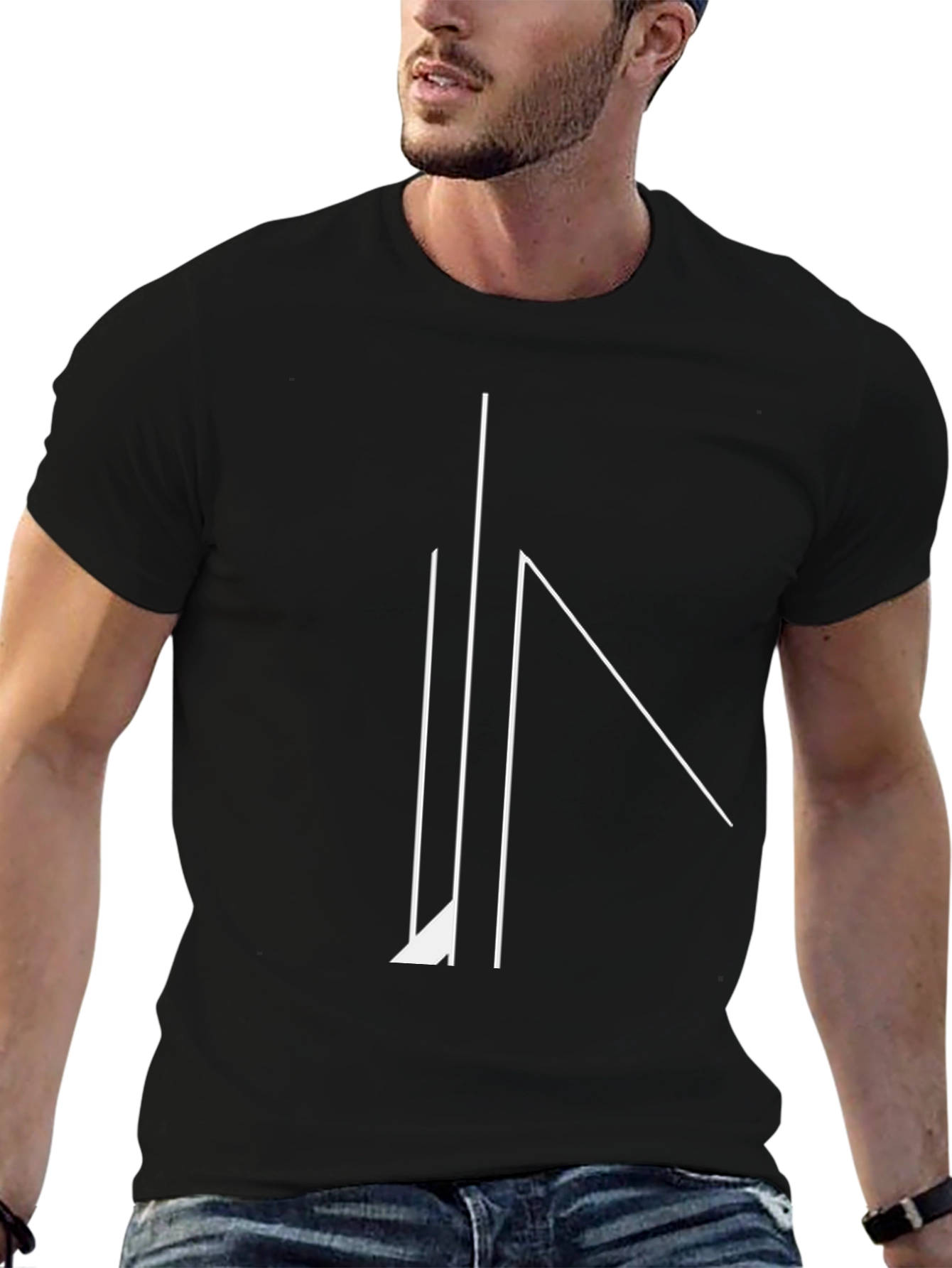 Minimalist Geometric Line Art Black T-Shirt
