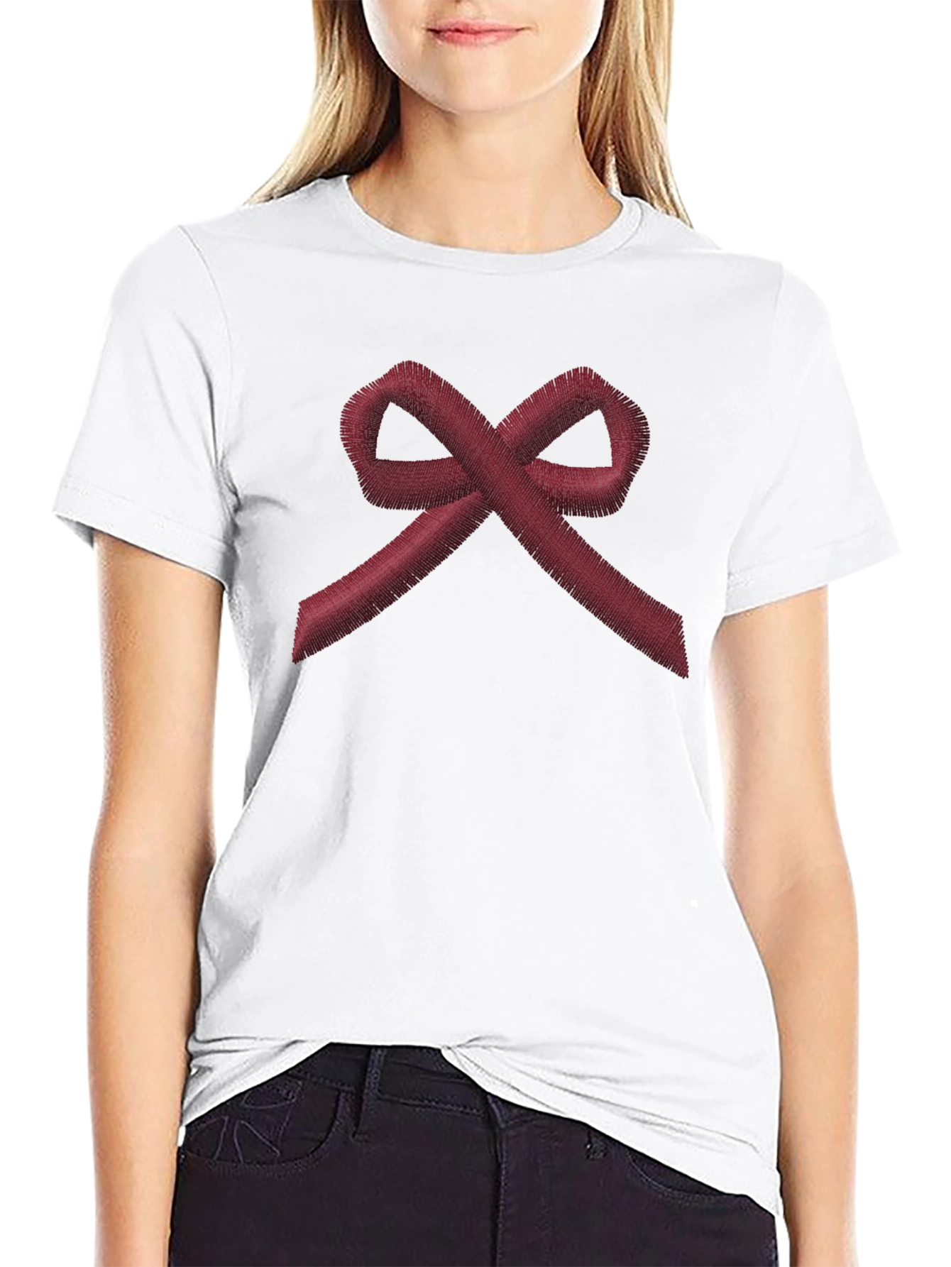 Red Ribbon Embroidered Black T-Shirt - Awareness Tee