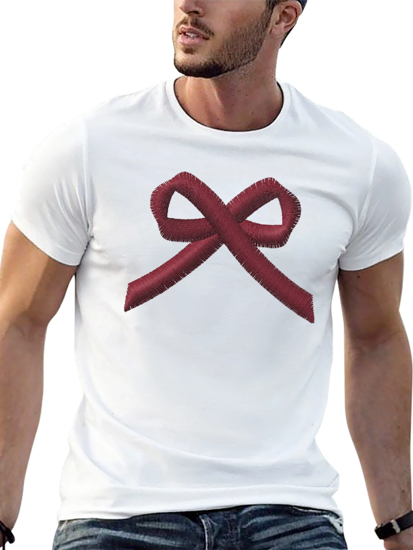 Red Ribbon Embroidered Black T-Shirt - Awareness Tee