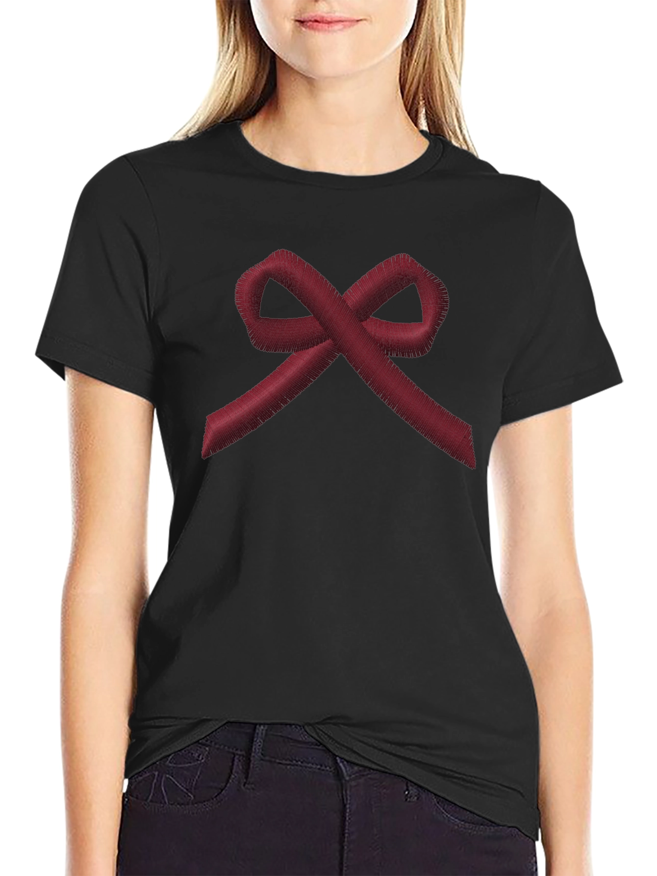 Red Ribbon Embroidered Black T-Shirt - Awareness Tee