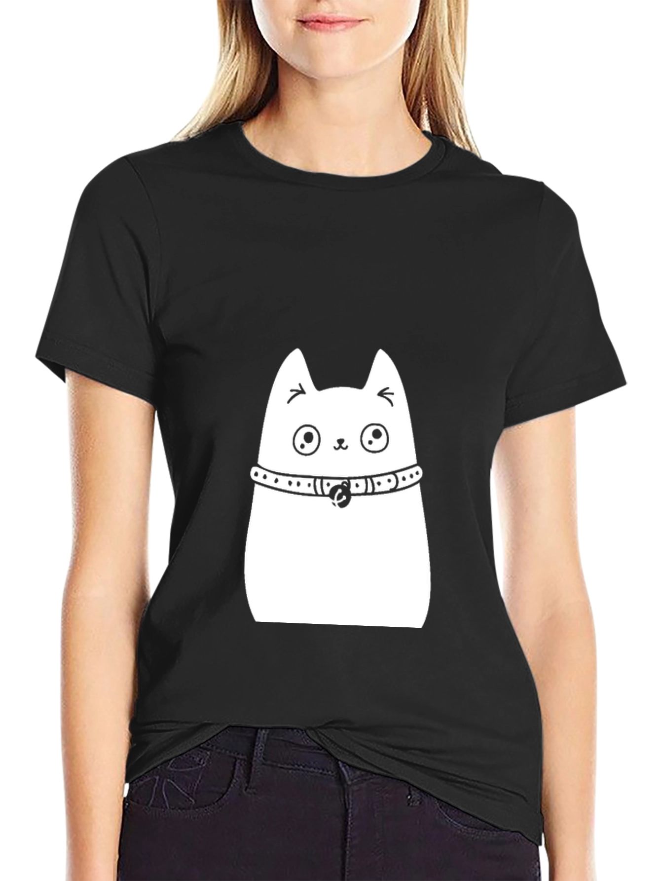 Cute Cat Graphic Tee - Black