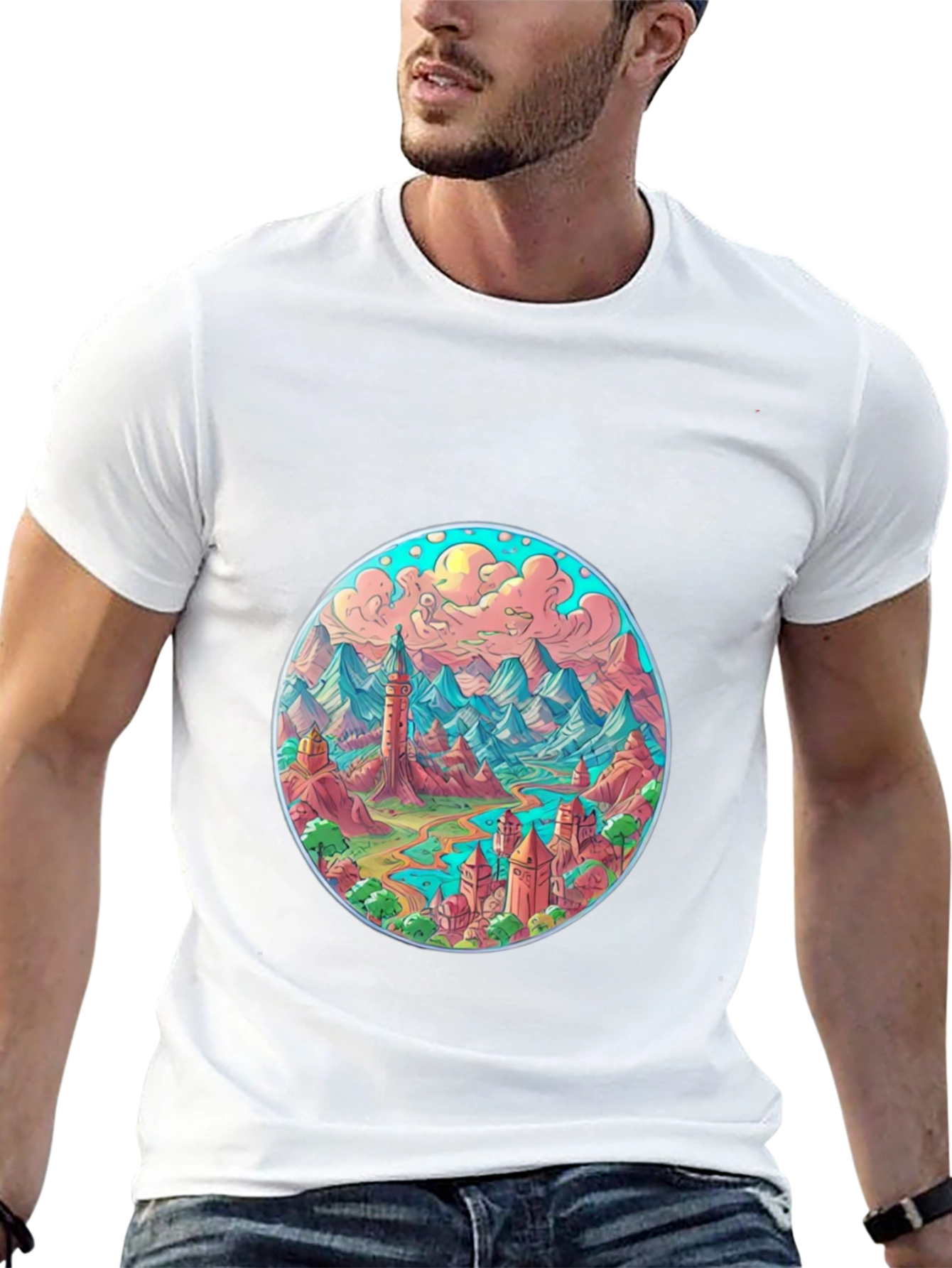 Fantasy Landscape Graphic Tee - Black Crew Neck