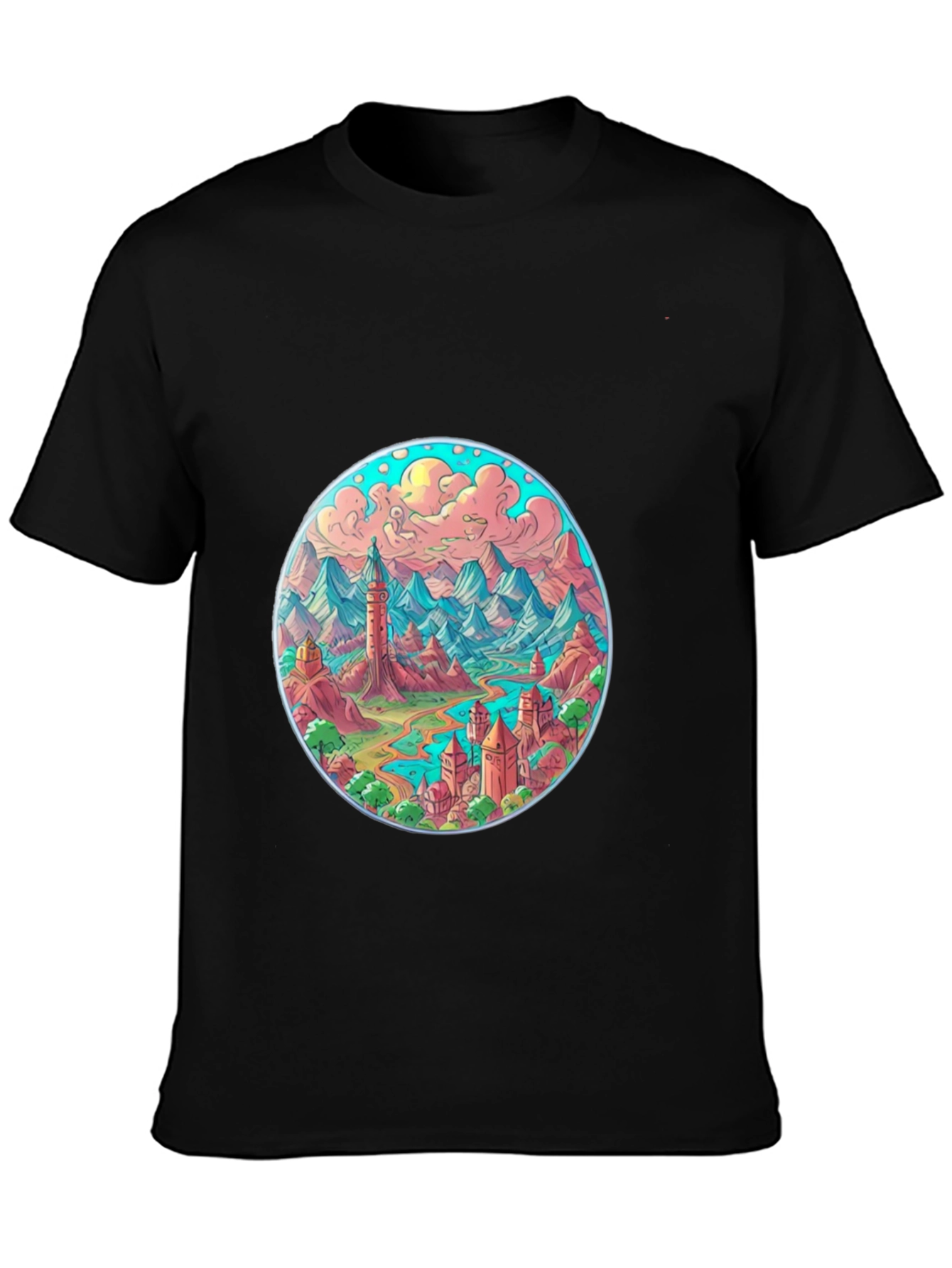 Fantasy Landscape Graphic Tee - Black Crew Neck