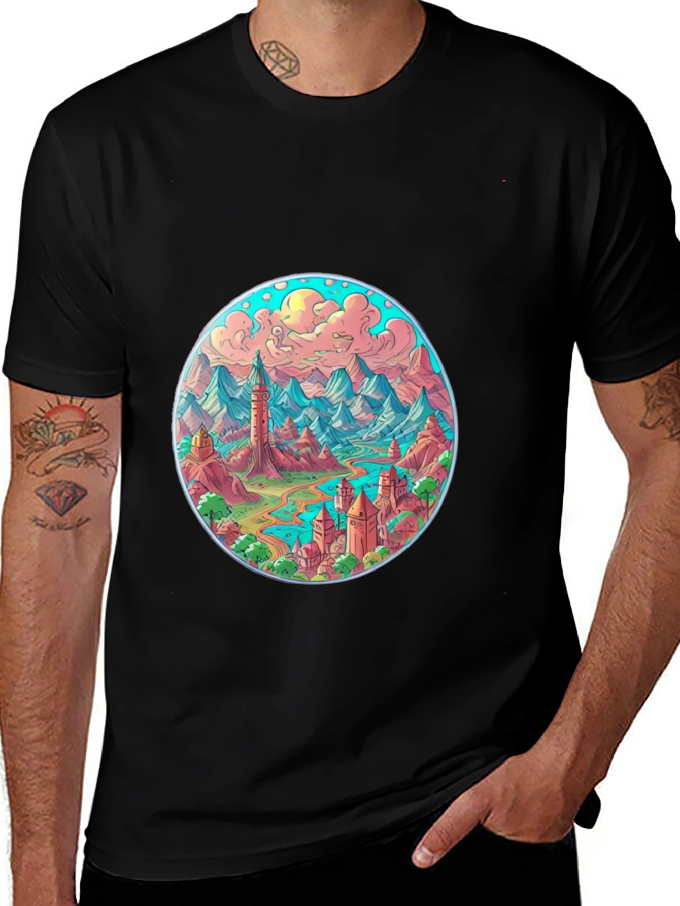 Fantasy Landscape Graphic Tee - Black Crew Neck