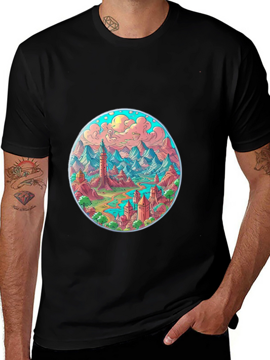 Fantasy Landscape Graphic Tee - Black Crew Neck