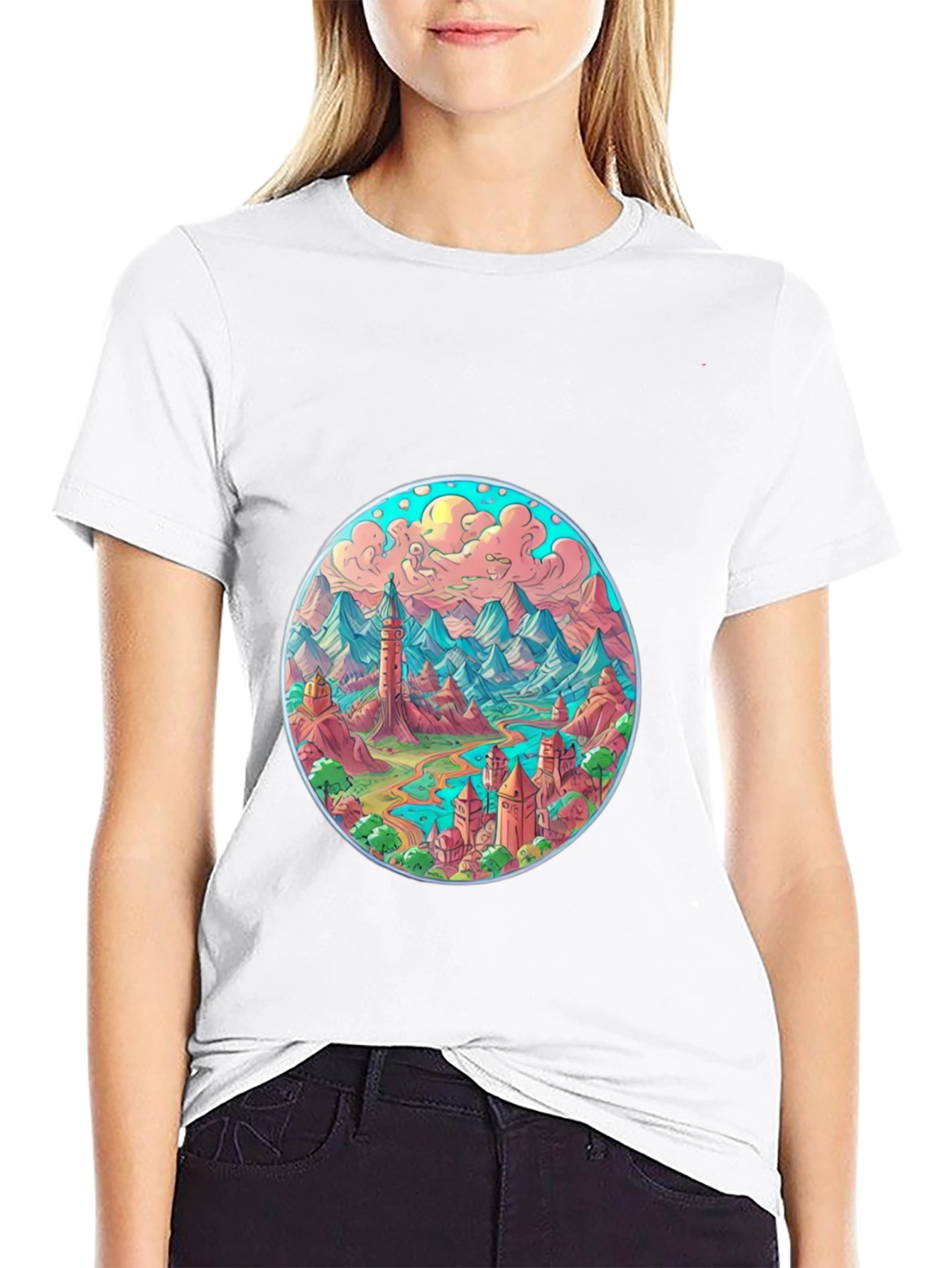 Fantasy Landscape Graphic Tee - Black Crew Neck