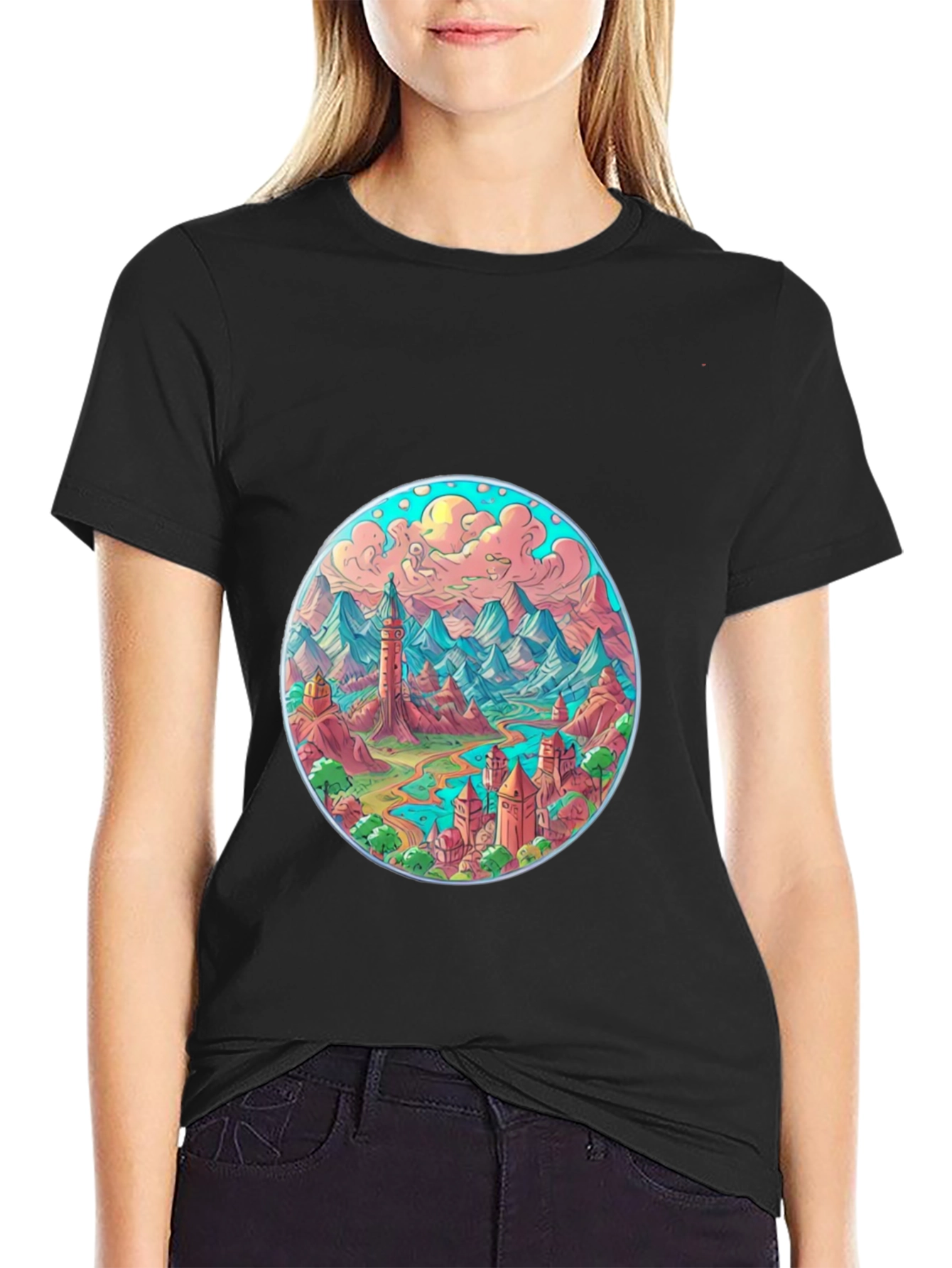 Fantasy Landscape Graphic Tee - Black Crew Neck