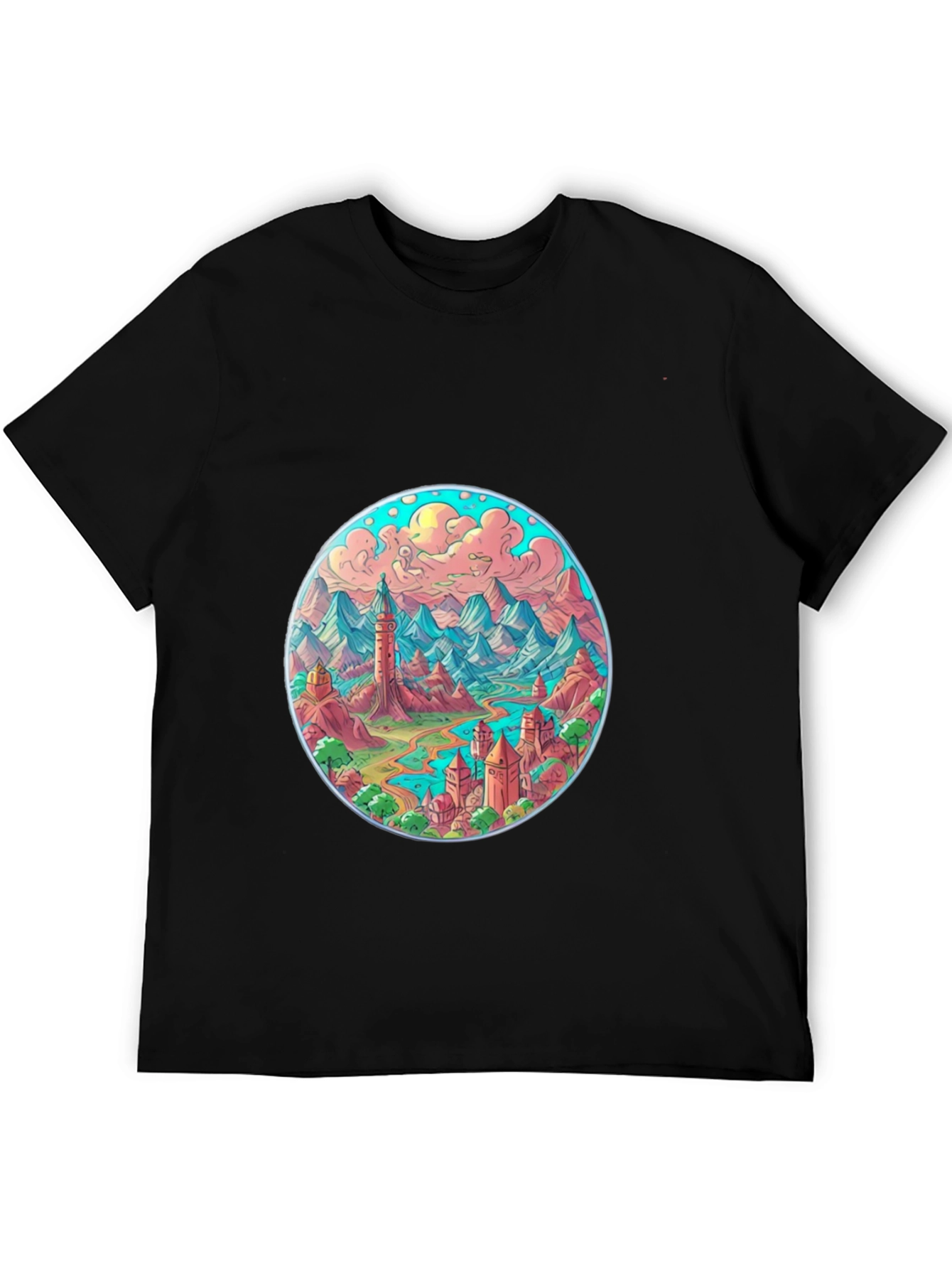 Fantasy Landscape Graphic Tee - Black Crew Neck