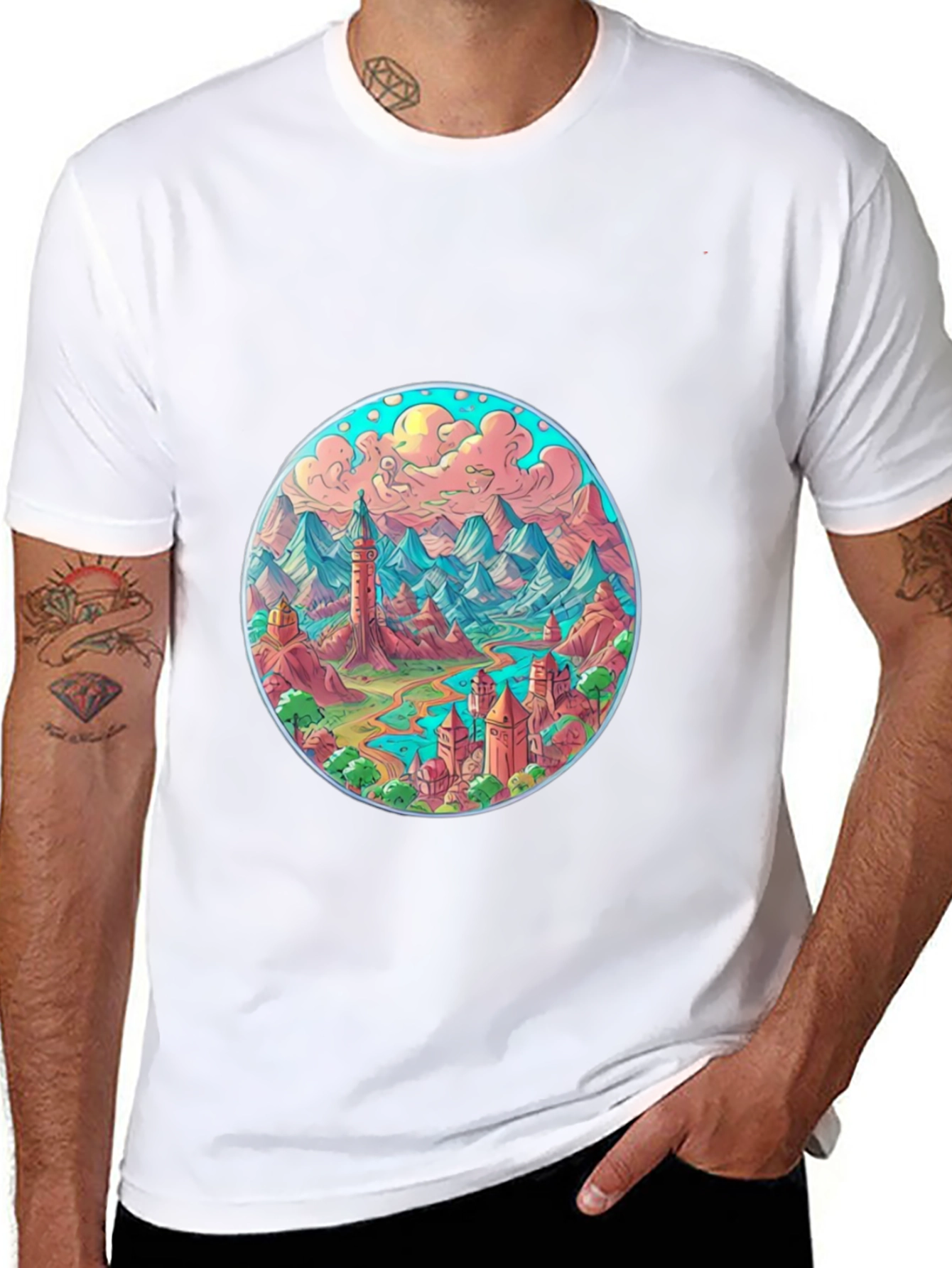 Fantasy Landscape Graphic Tee - Black Crew Neck