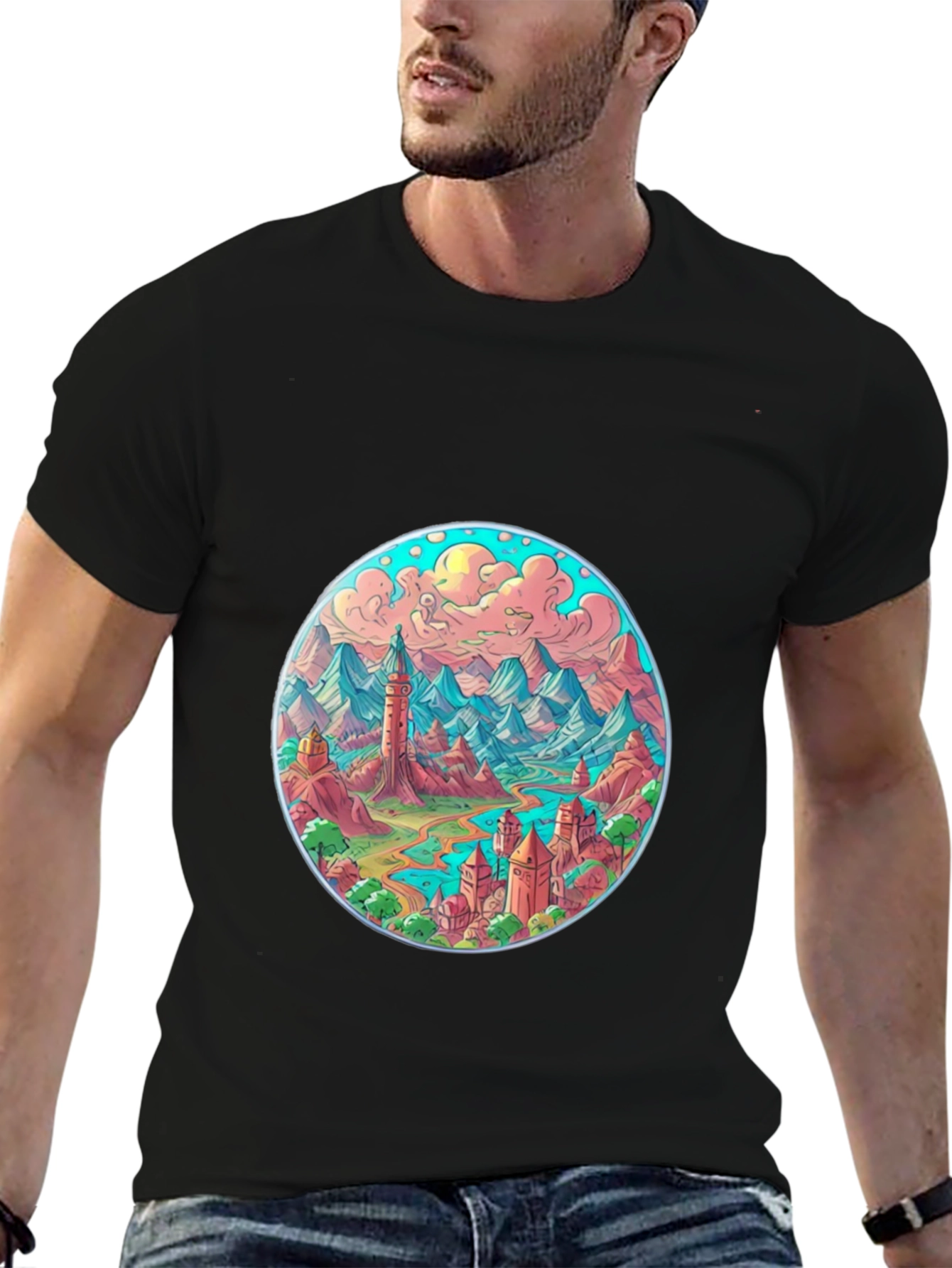 Fantasy Landscape Graphic Tee - Black Crew Neck