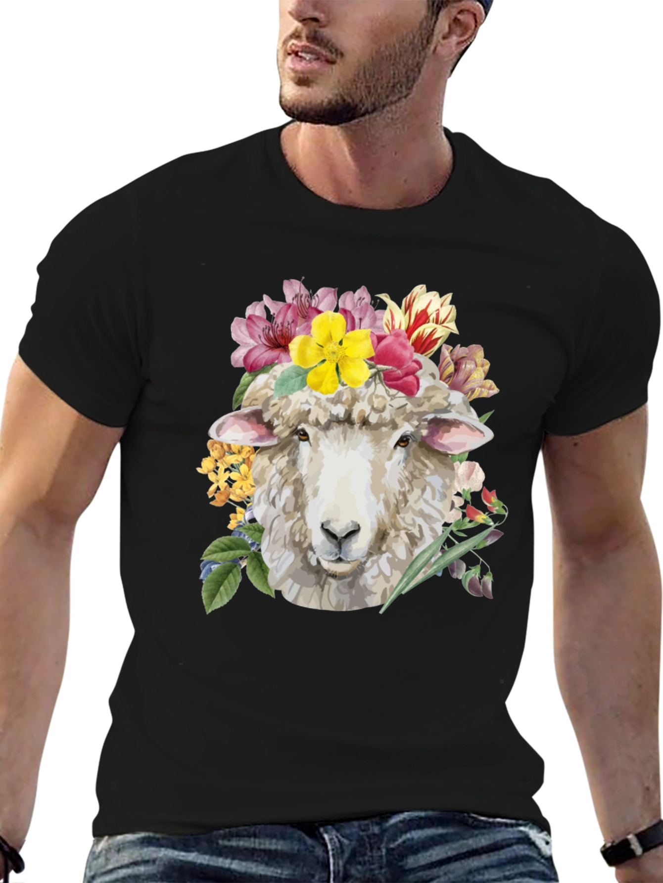 Floral Sheep Graphic Tee - Black Cotton T-Shirt