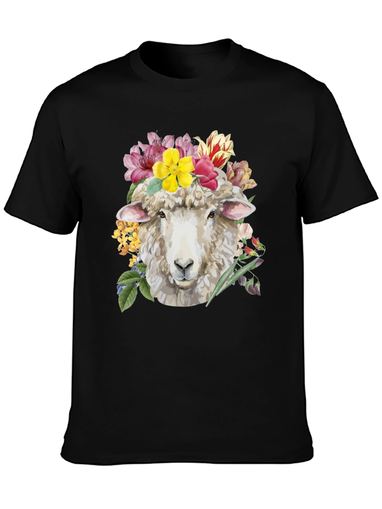 Floral Sheep Graphic Tee - Black Cotton T-Shirt