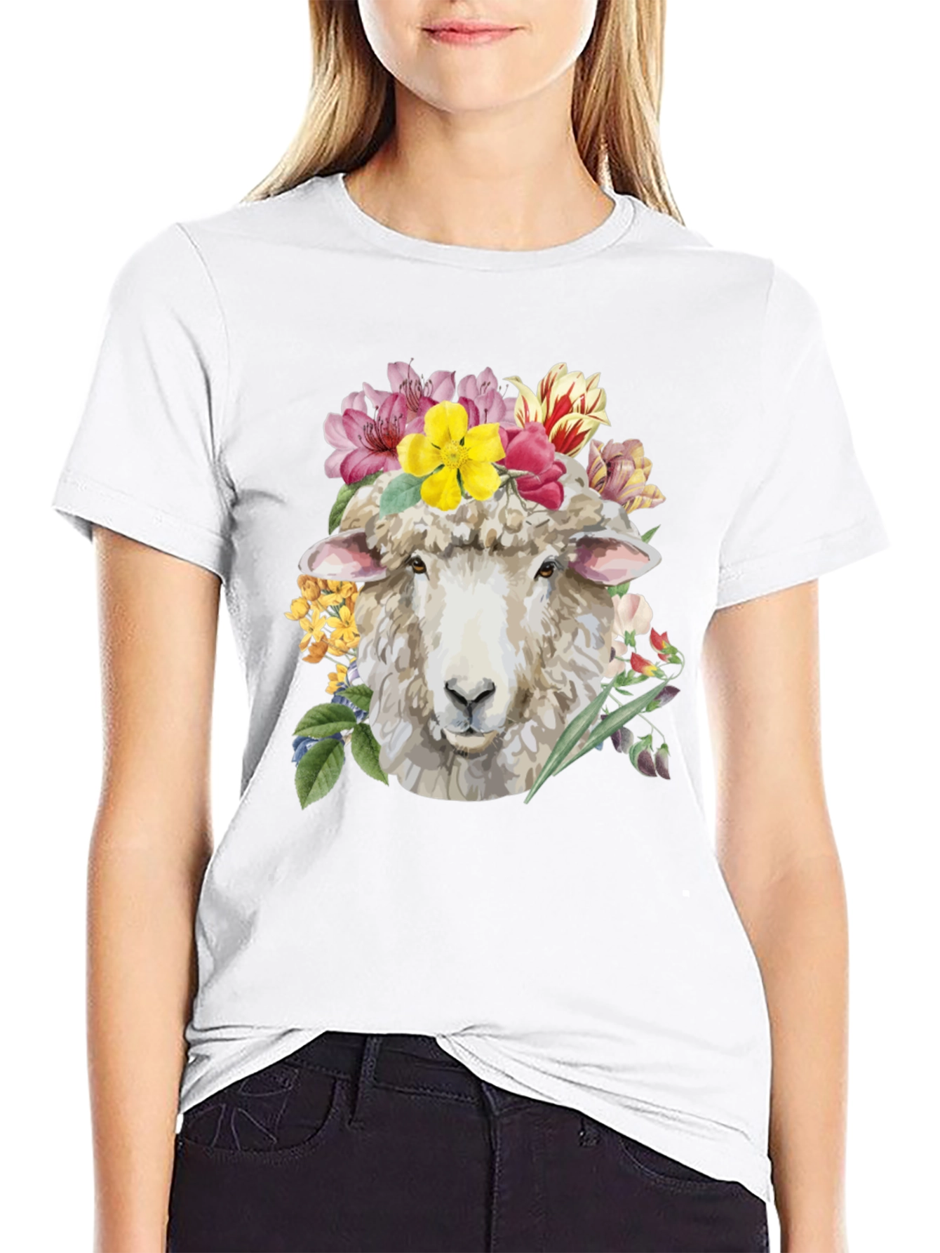 Floral Sheep Graphic Tee - Black Cotton T-Shirt