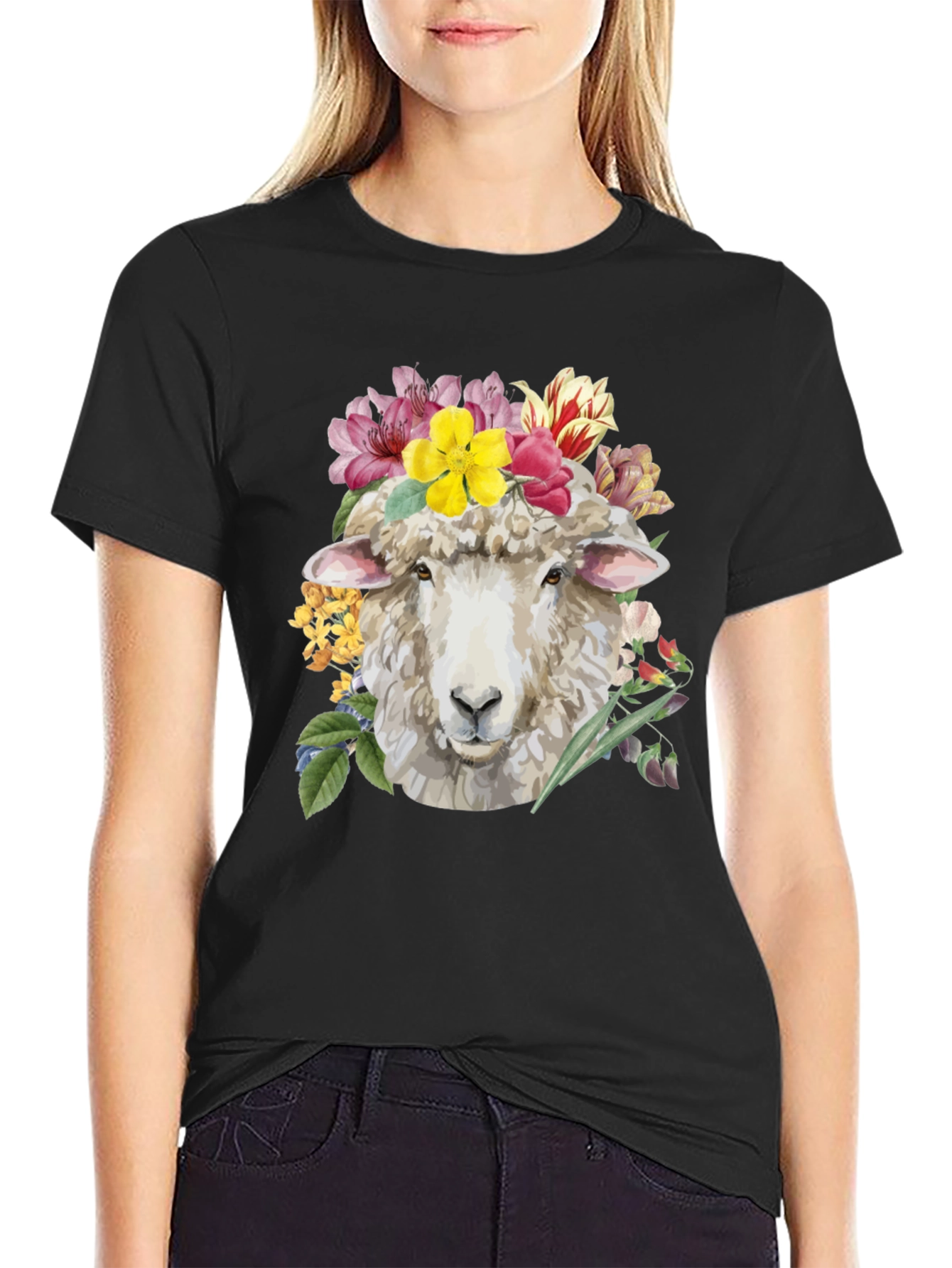 Floral Sheep Graphic Tee - Black Cotton T-Shirt