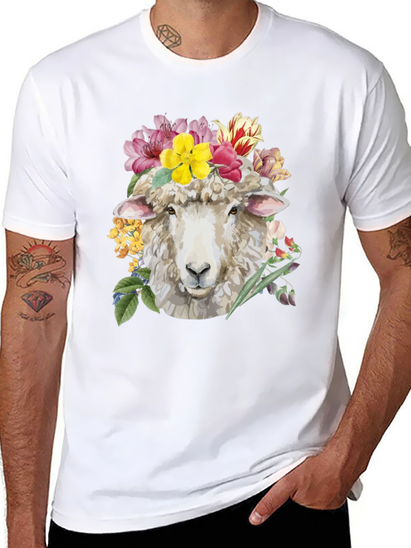 Floral Sheep Graphic Tee - Black Cotton T-Shirt