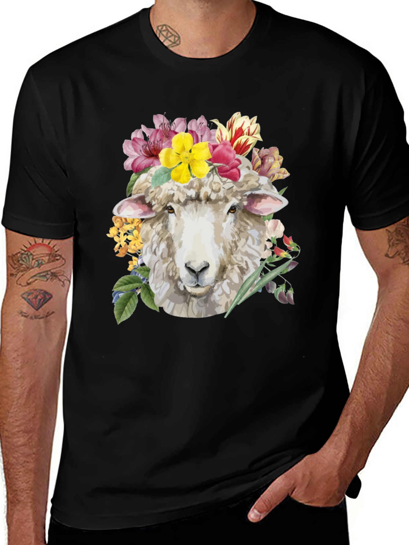 Floral Sheep Graphic Tee - Black Cotton T-Shirt