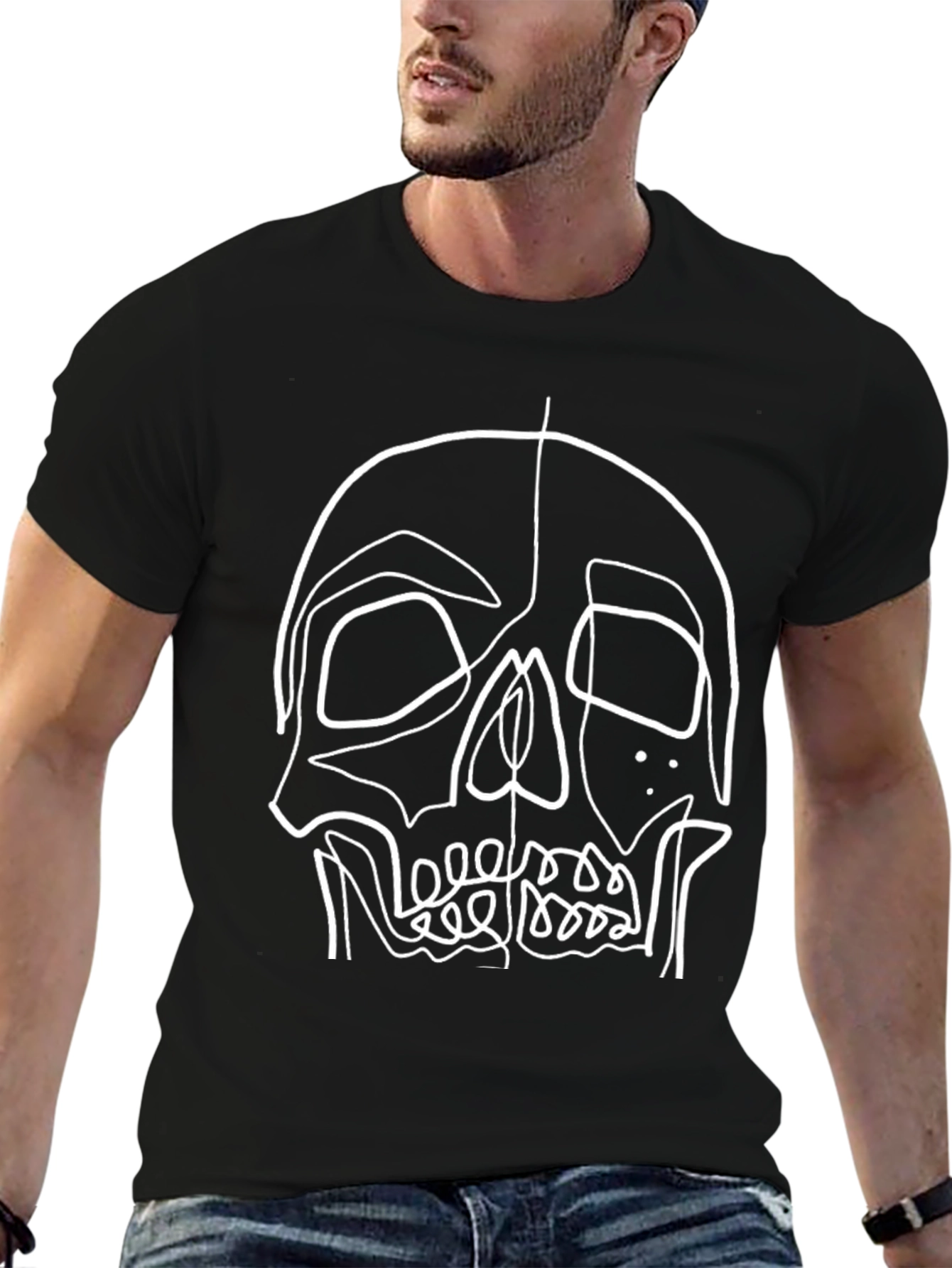 Skull Line Art Graphic Tee - Black Cotton T-Shirt
