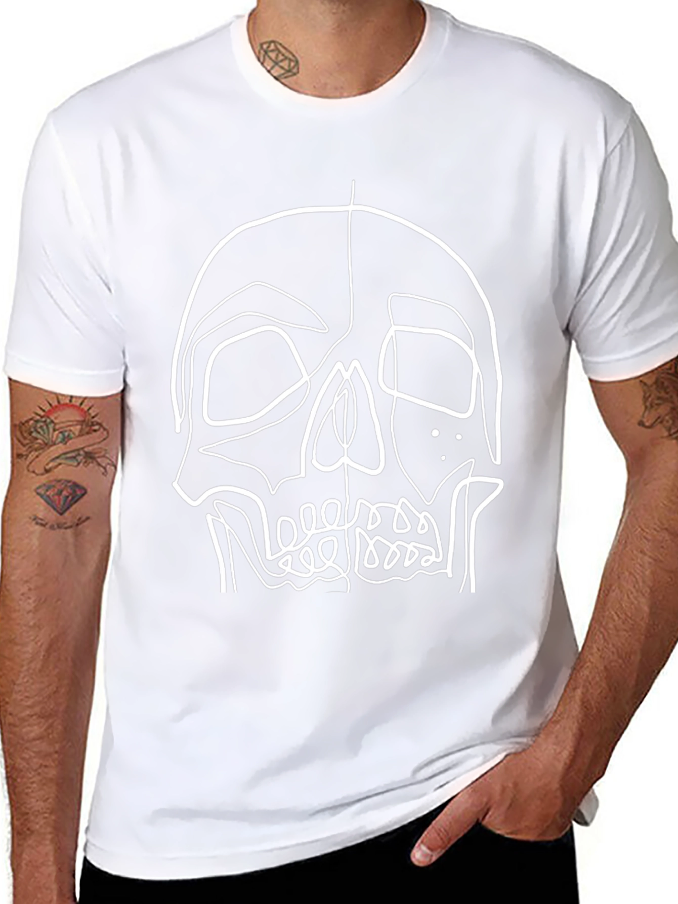 Skull Line Art Graphic Tee - Black Cotton T-Shirt