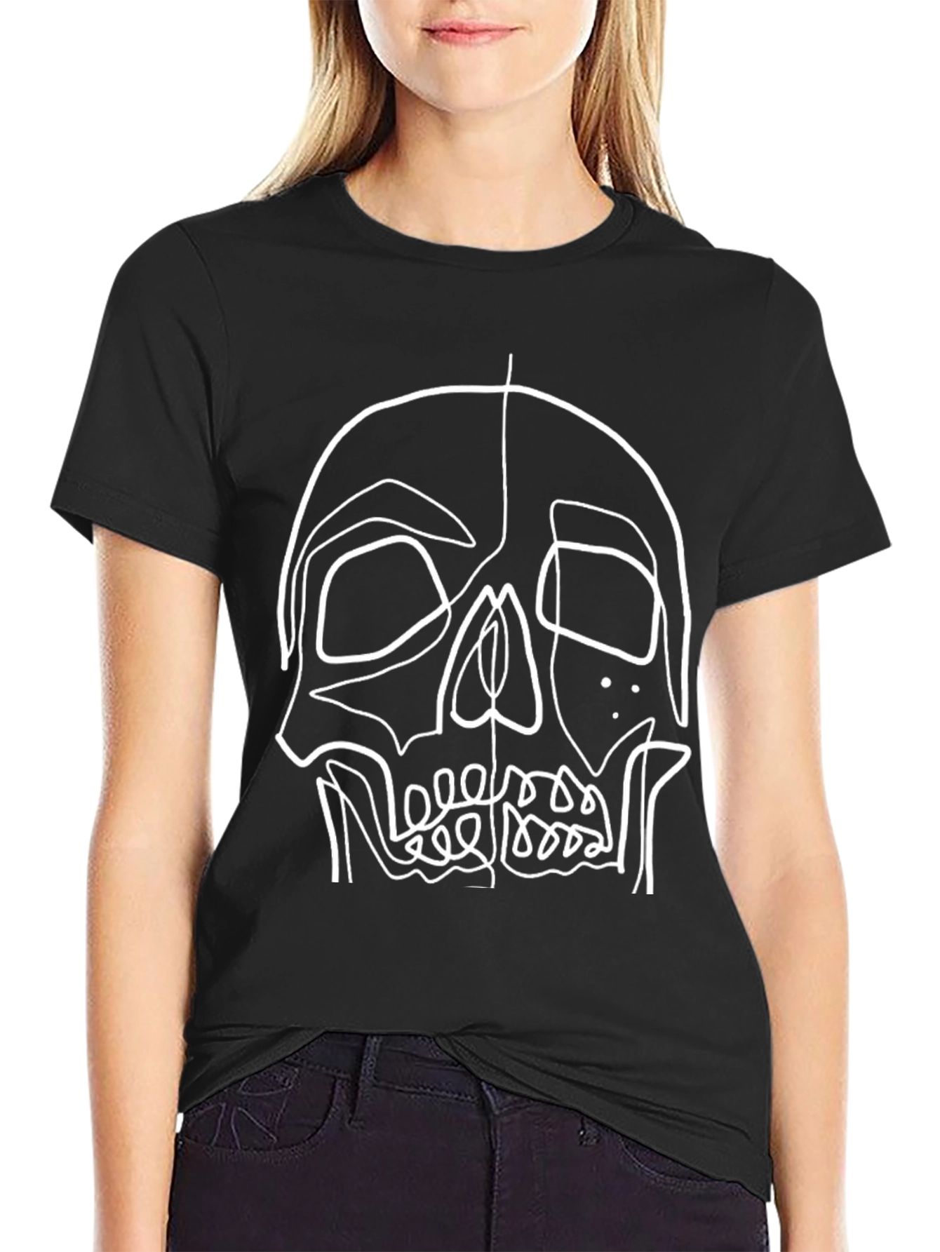 Skull Line Art Graphic Tee - Black Cotton T-Shirt