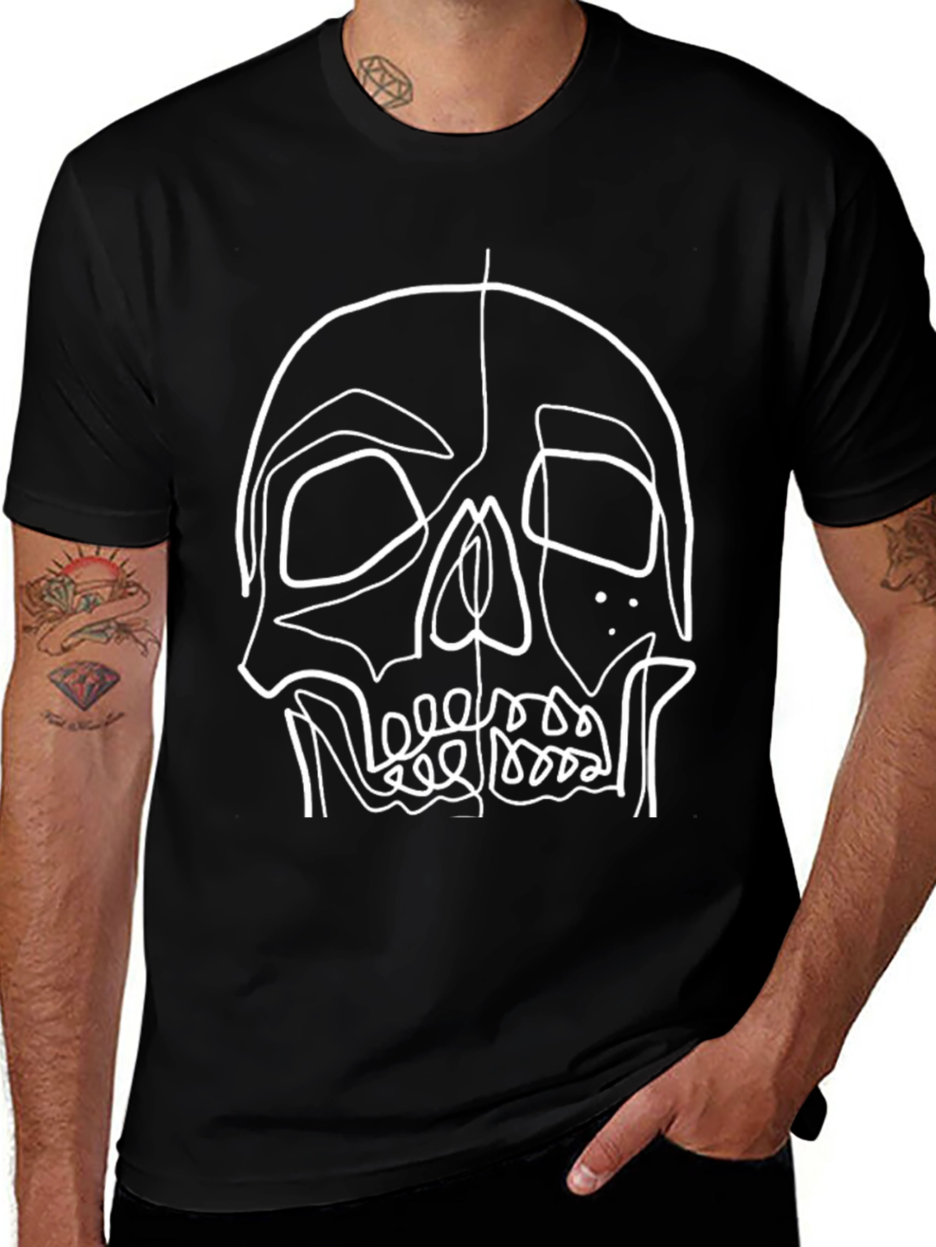 Skull Line Art Graphic Tee - Black Cotton T-Shirt