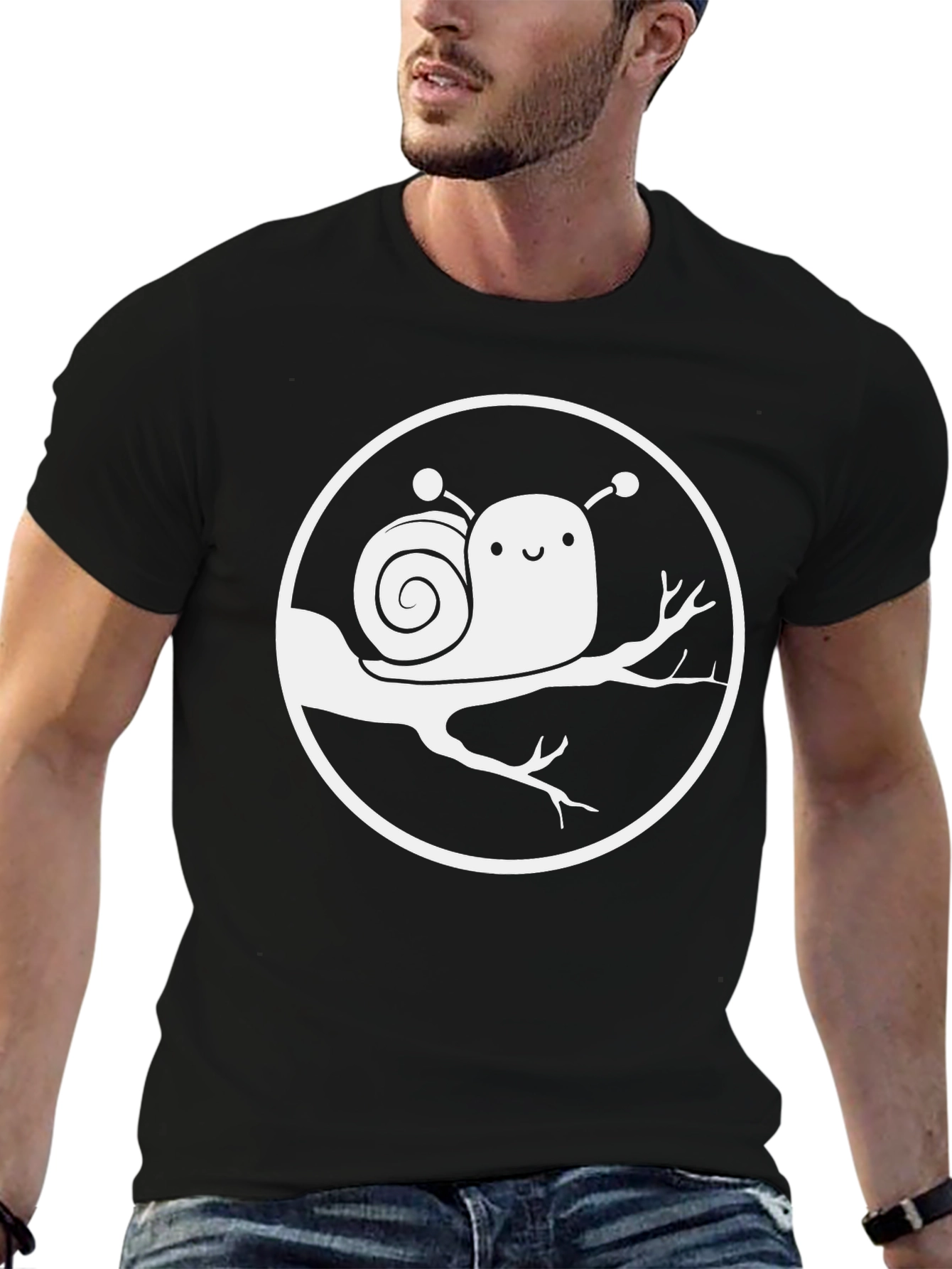 Cute Snail on Branch Graphic T-Shirt - Black