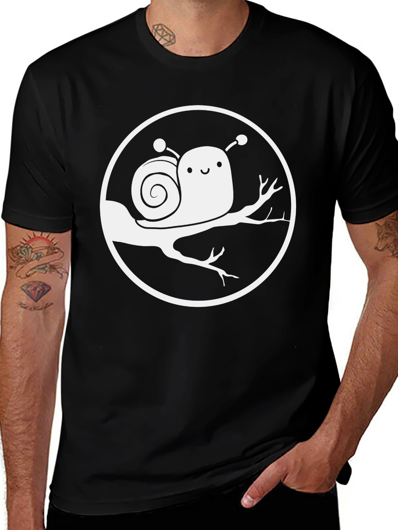 Cute Snail on Branch Graphic T-Shirt - Black