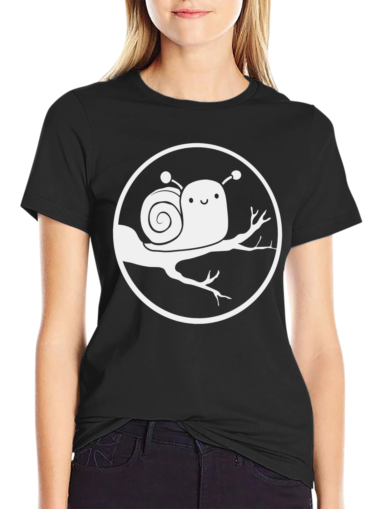 Cute Snail on Branch Graphic T-Shirt - Black