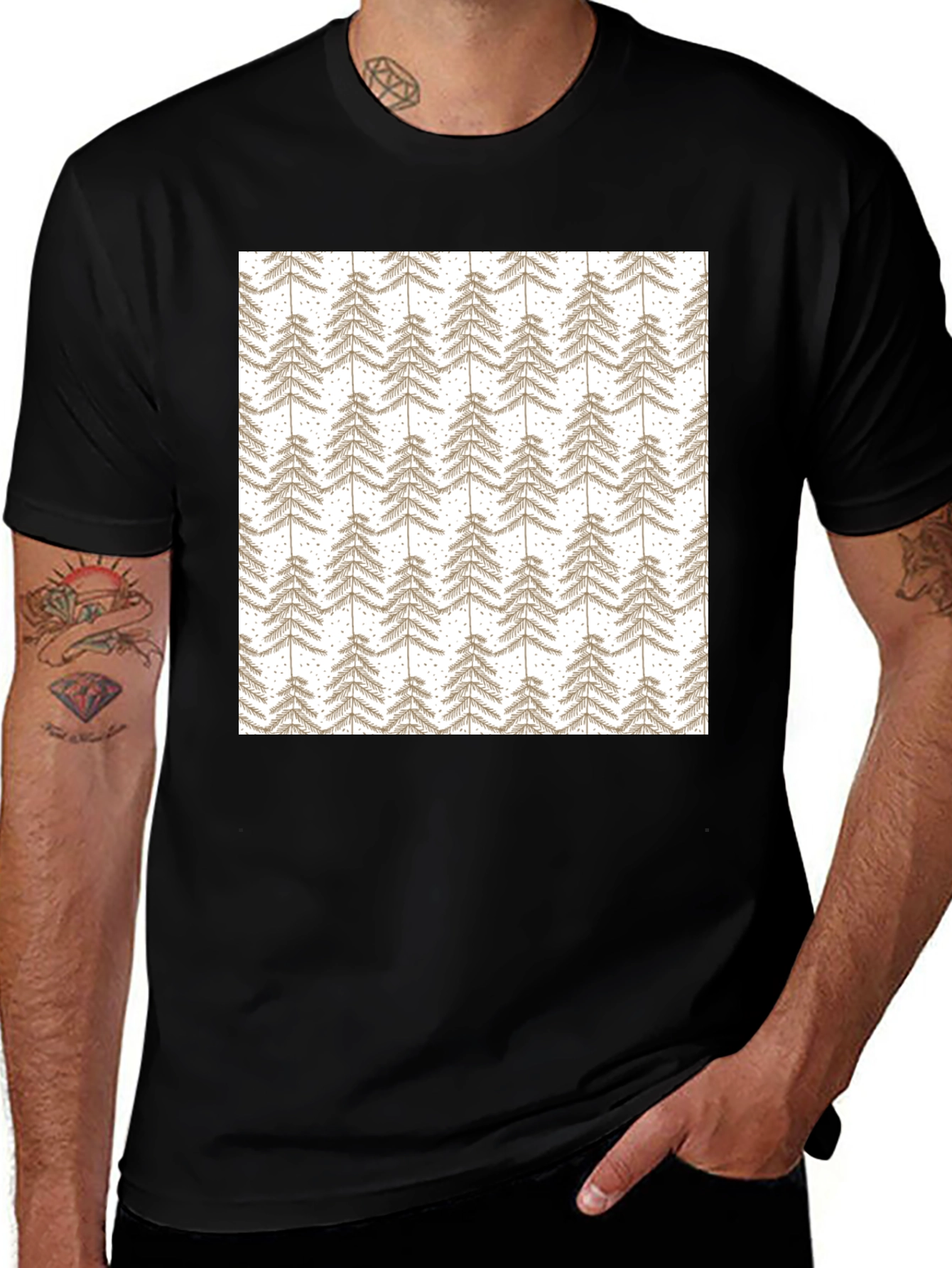 Patterned Tree Print Black T-Shirt